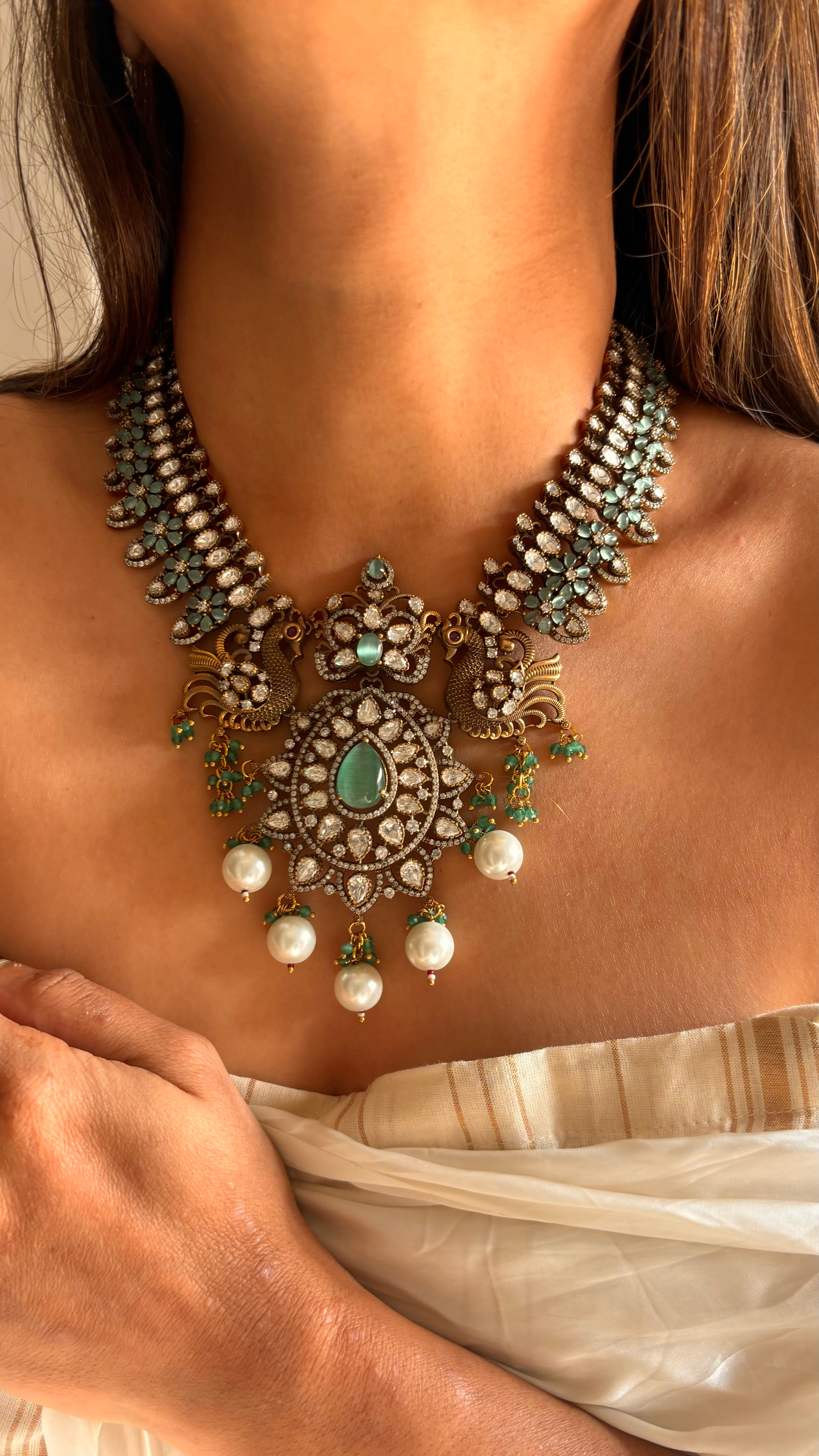 mint victorian ranikala necklace with pearl drops