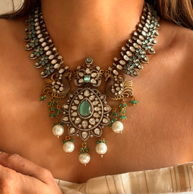 mint victorian ranikala necklace with pearl drops