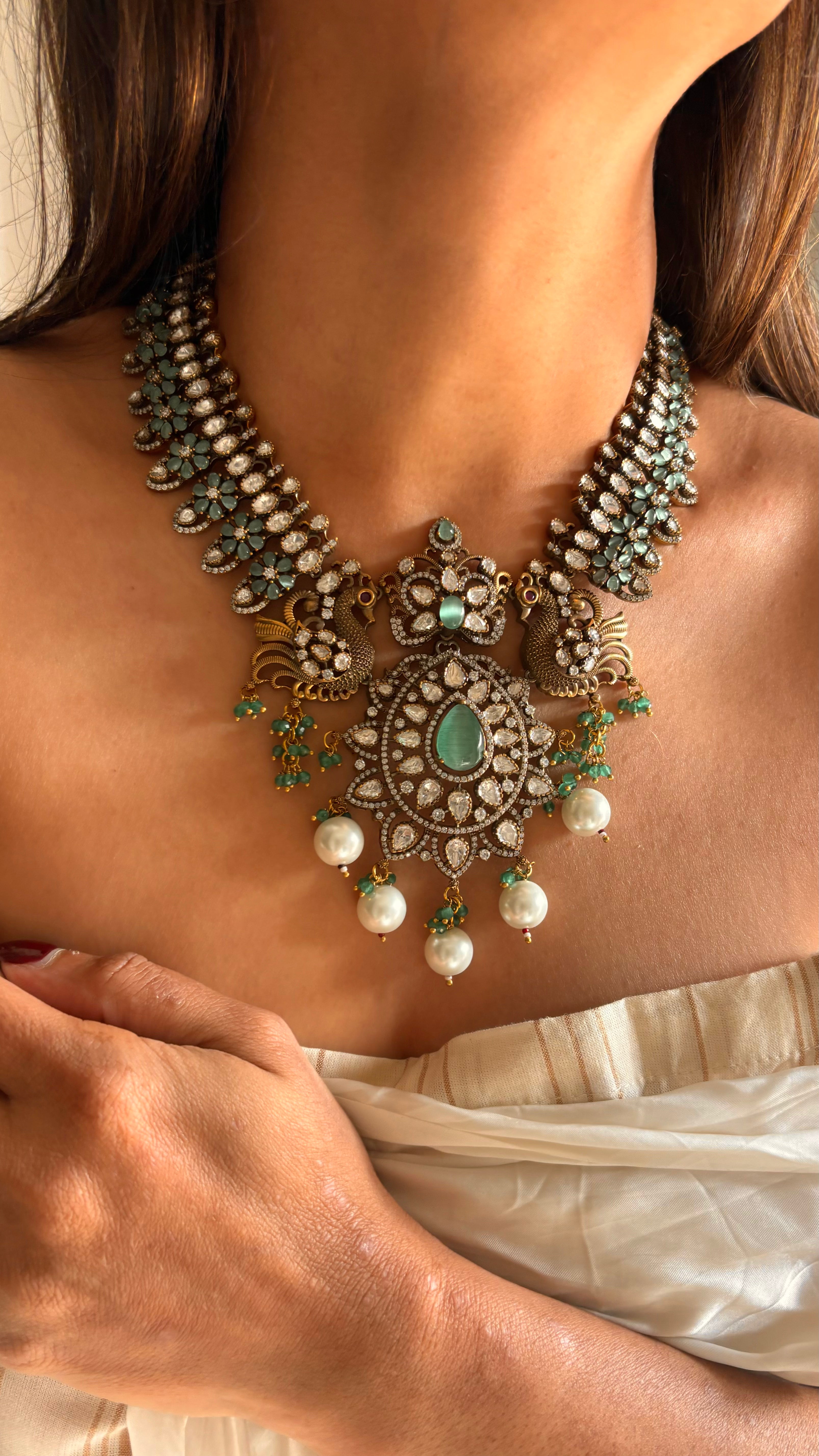 mint victorian ranikala necklace with pearl drops