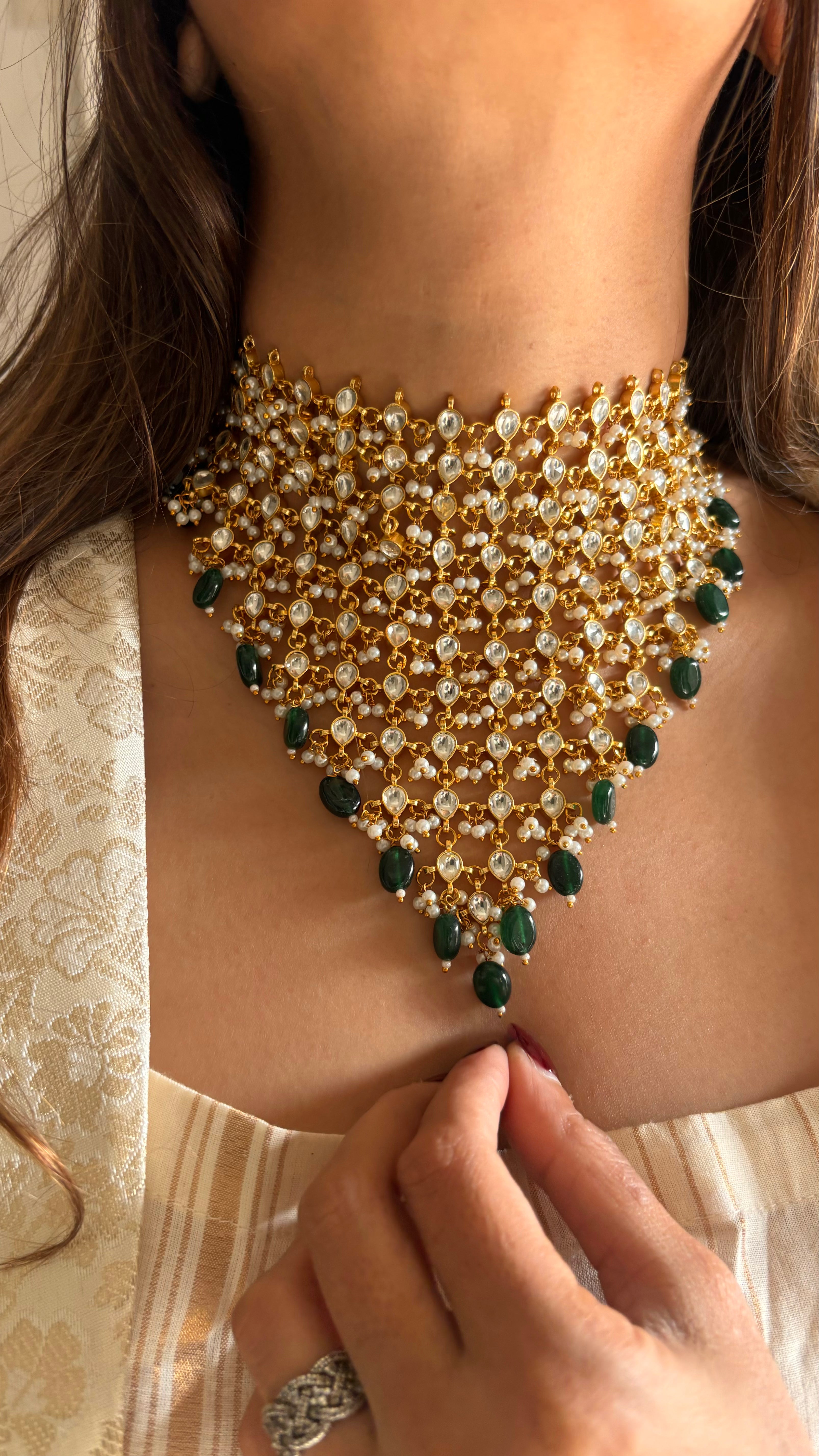 Emerald jhalar paachi kundan necklace set