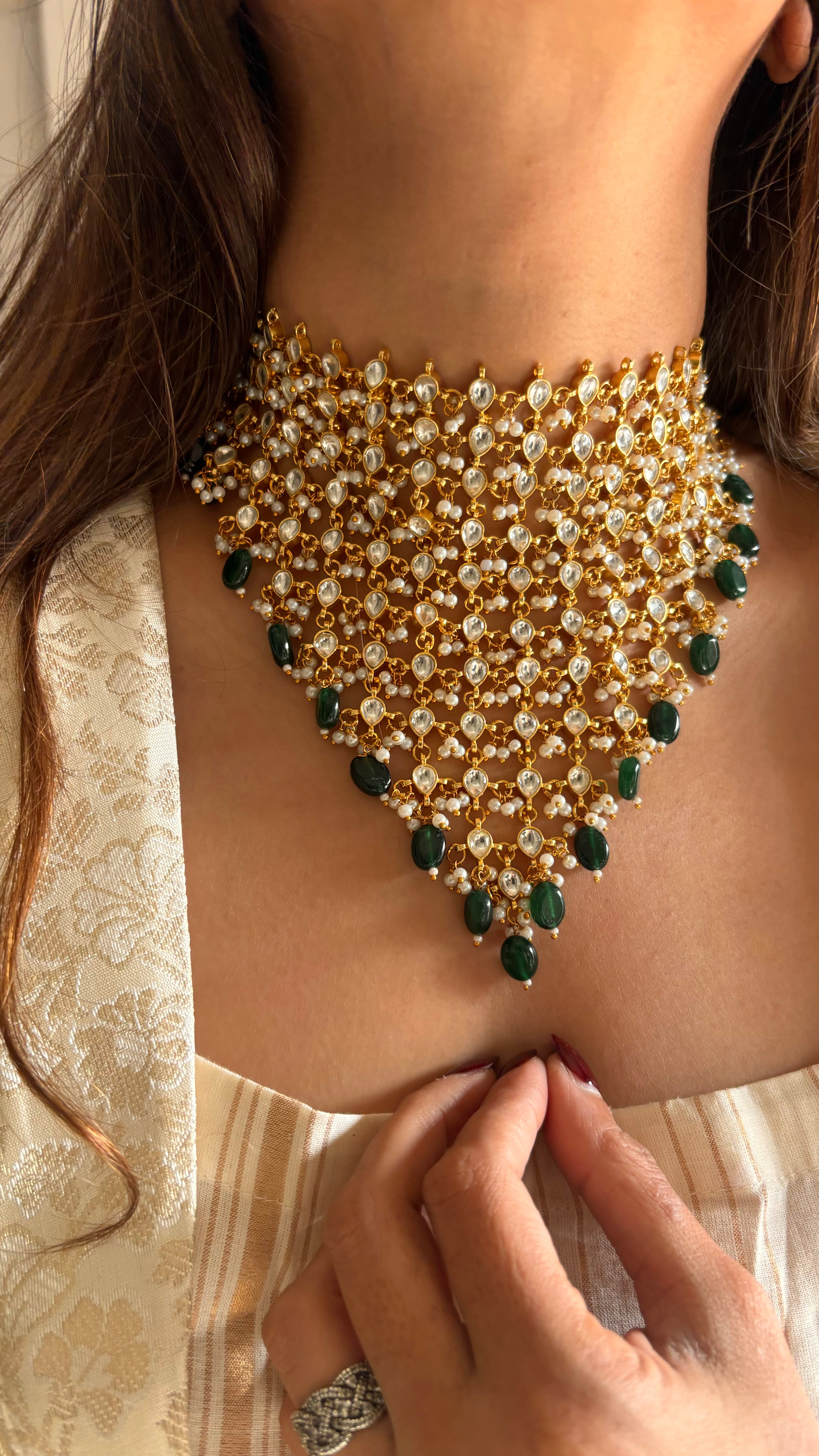 Emerald jhalar paachi kundan necklace set