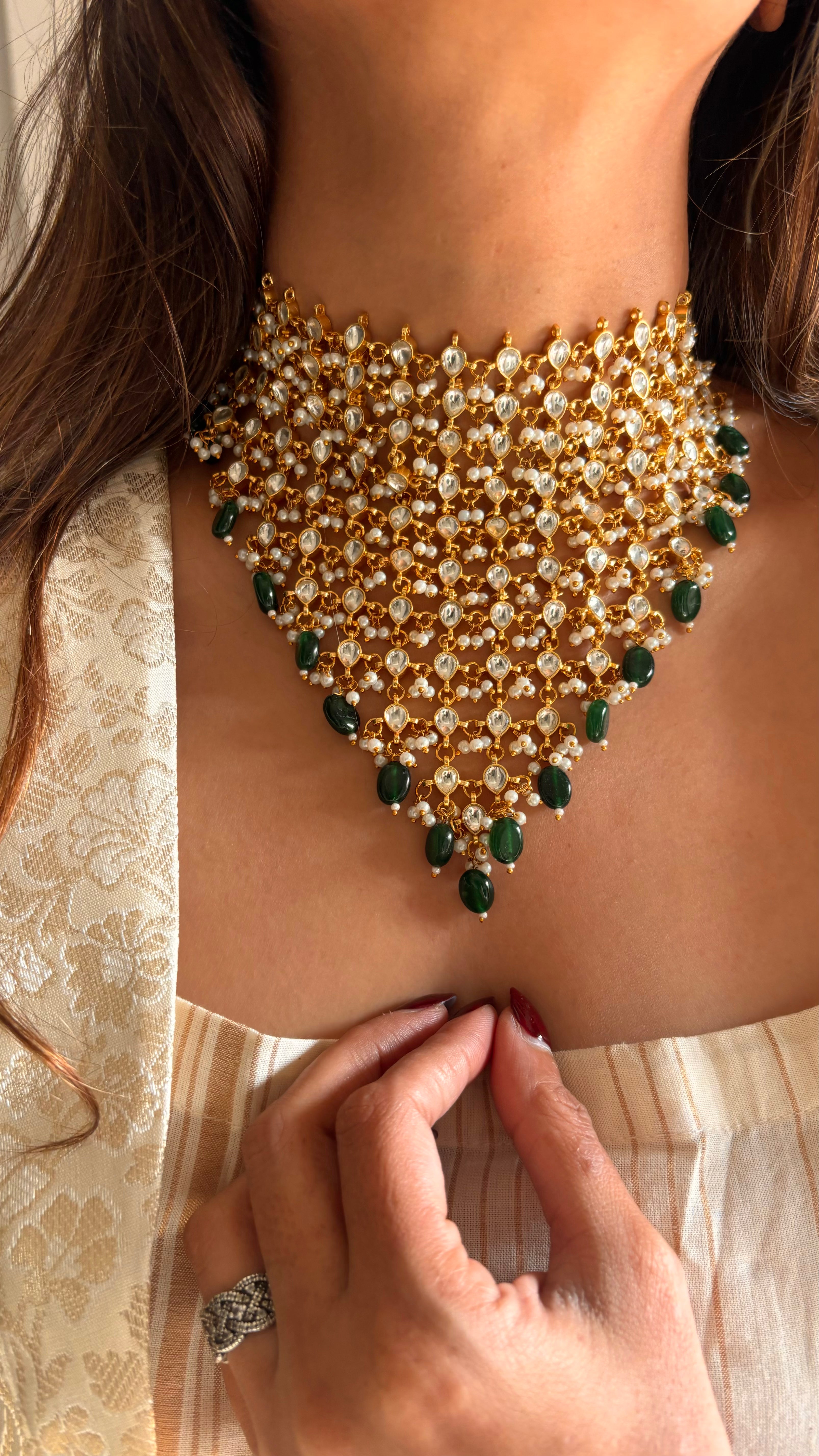 Emerald jhalar paachi kundan necklace set