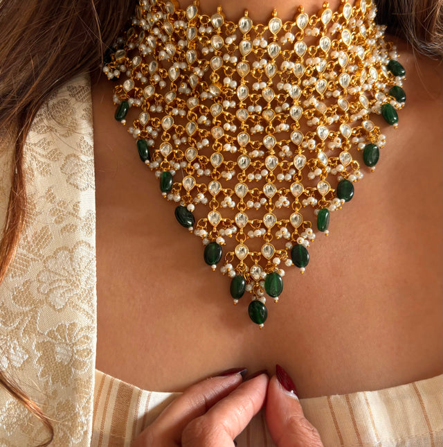 Emerald jhalar paachi kundan necklace set