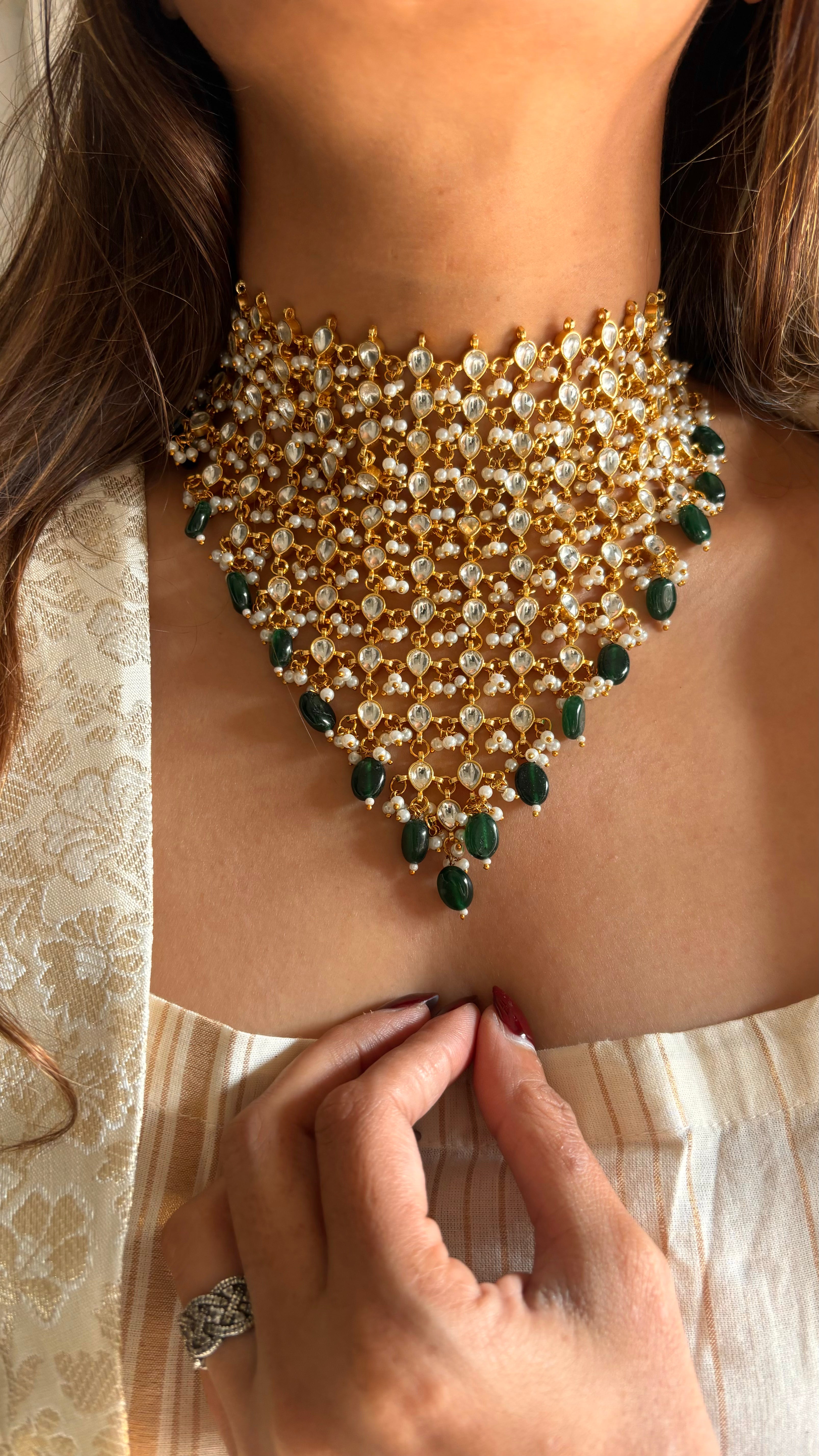 Emerald jhalar paachi kundan necklace set