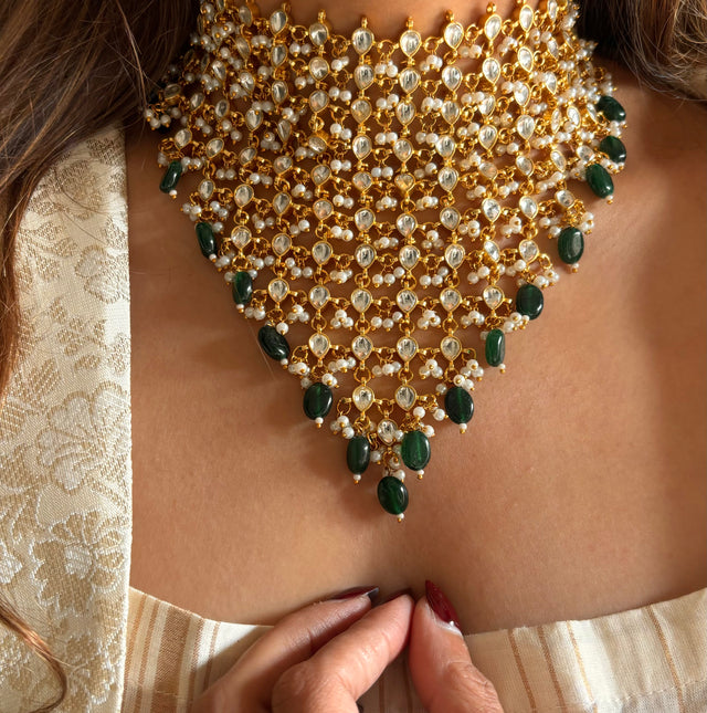 Emerald jhalar paachi kundan necklace set