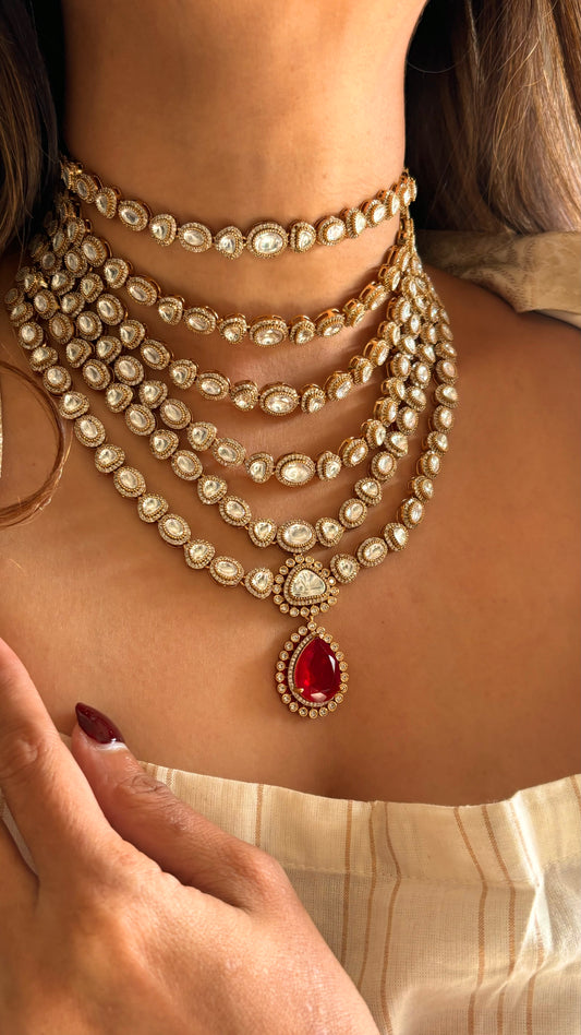 6 layerd Ruby moissanite polki choker necklace set