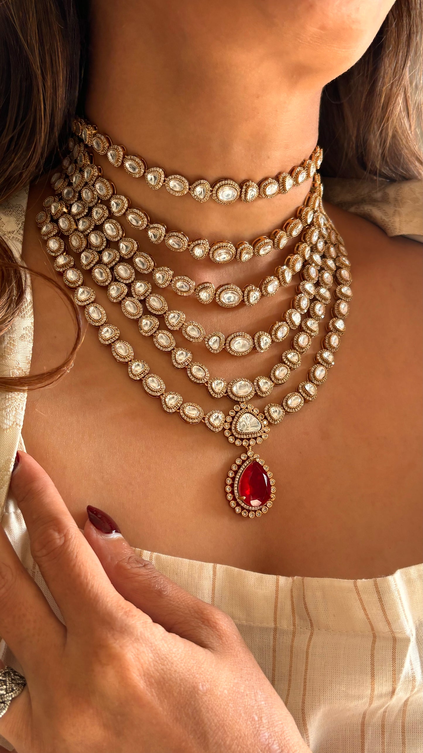 6 layerd Ruby moissanite polki choker necklace set