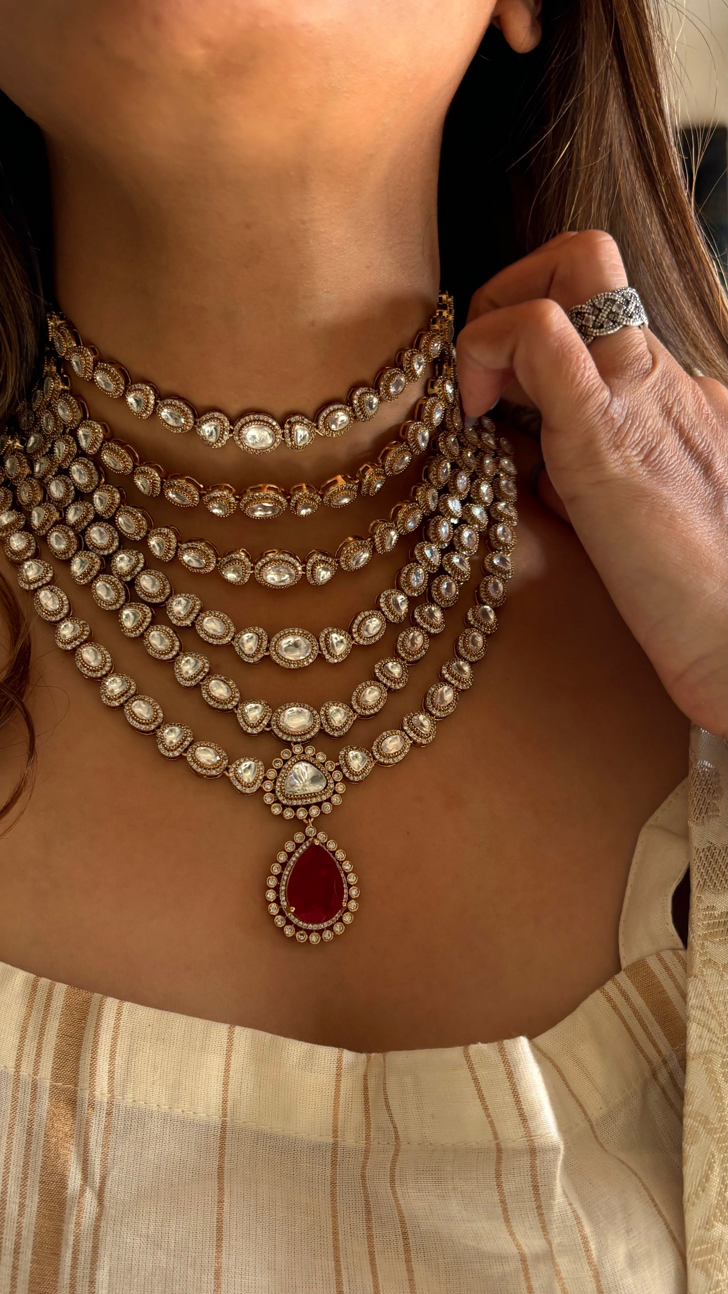 6 layerd Ruby moissanite polki choker necklace set