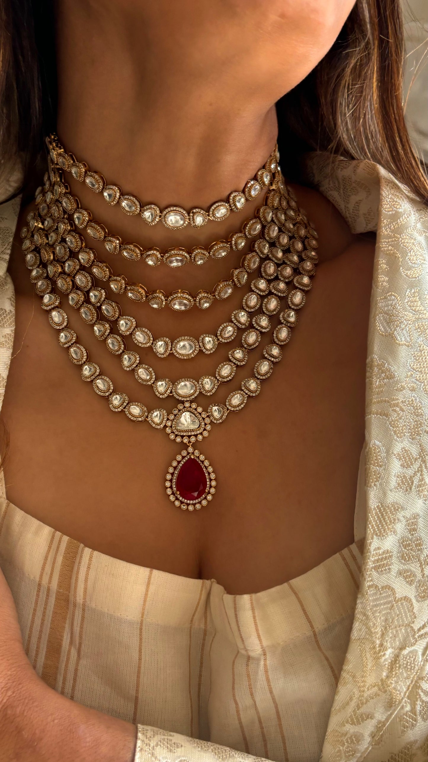 6 layerd Ruby moissanite polki choker necklace set