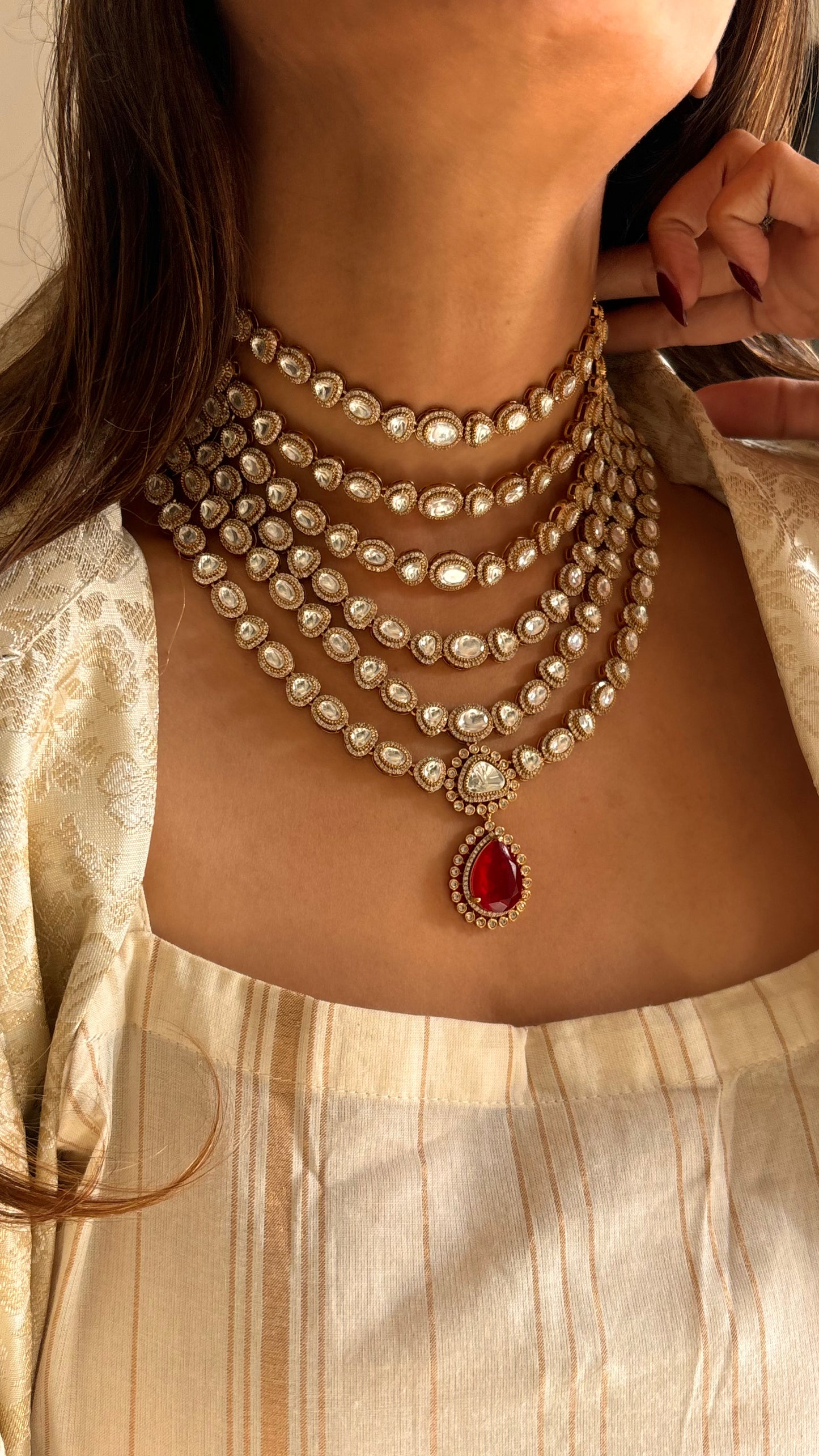 6 layerd Ruby moissanite polki choker necklace set