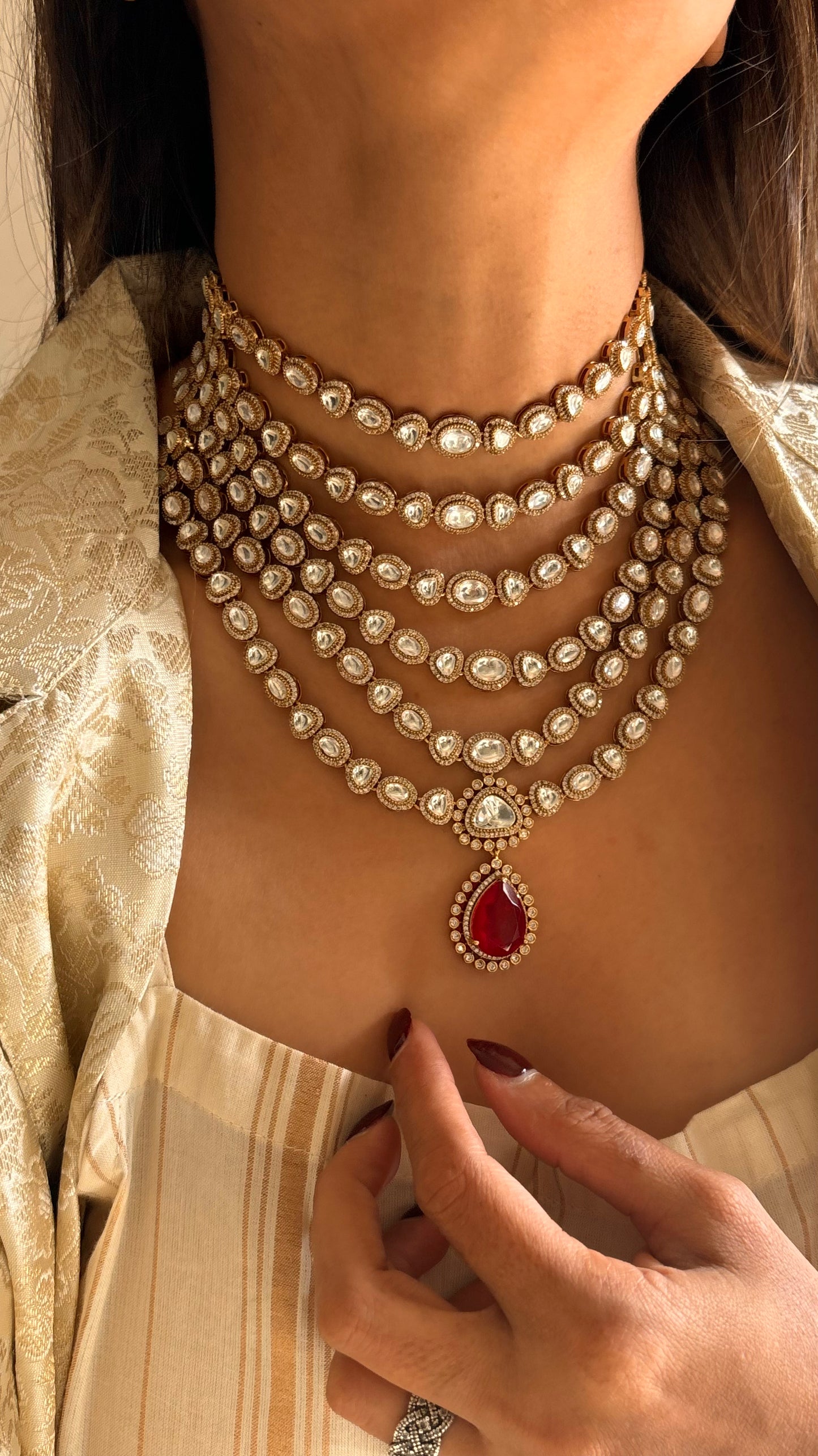 6 layerd Ruby moissanite polki choker necklace set