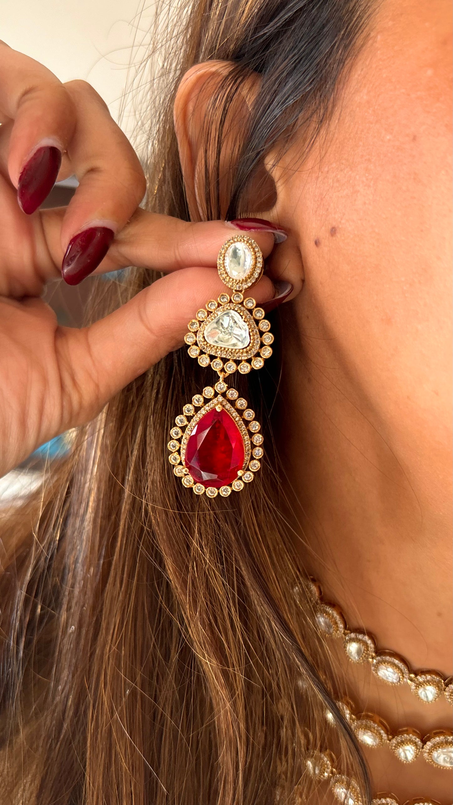 6 layerd Ruby moissanite polki choker necklace set