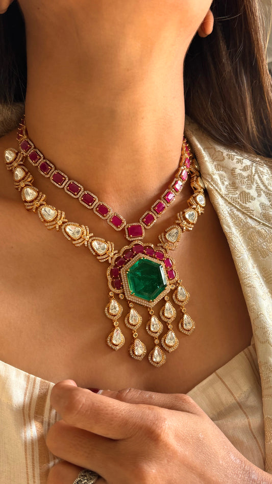 Hiranya ruby emerald heritage Moissanite collar necklace set