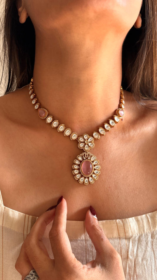 Rose quartz floral Moissanite necklace set