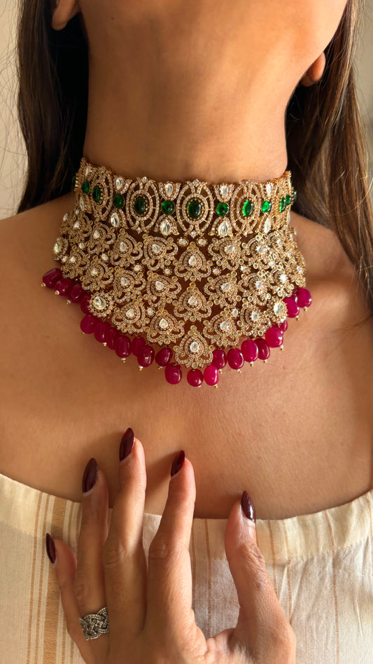 Dishitha Emerald ruby drop polki choker set