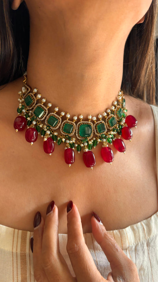 Amita emerald ruby drop collar necklace set