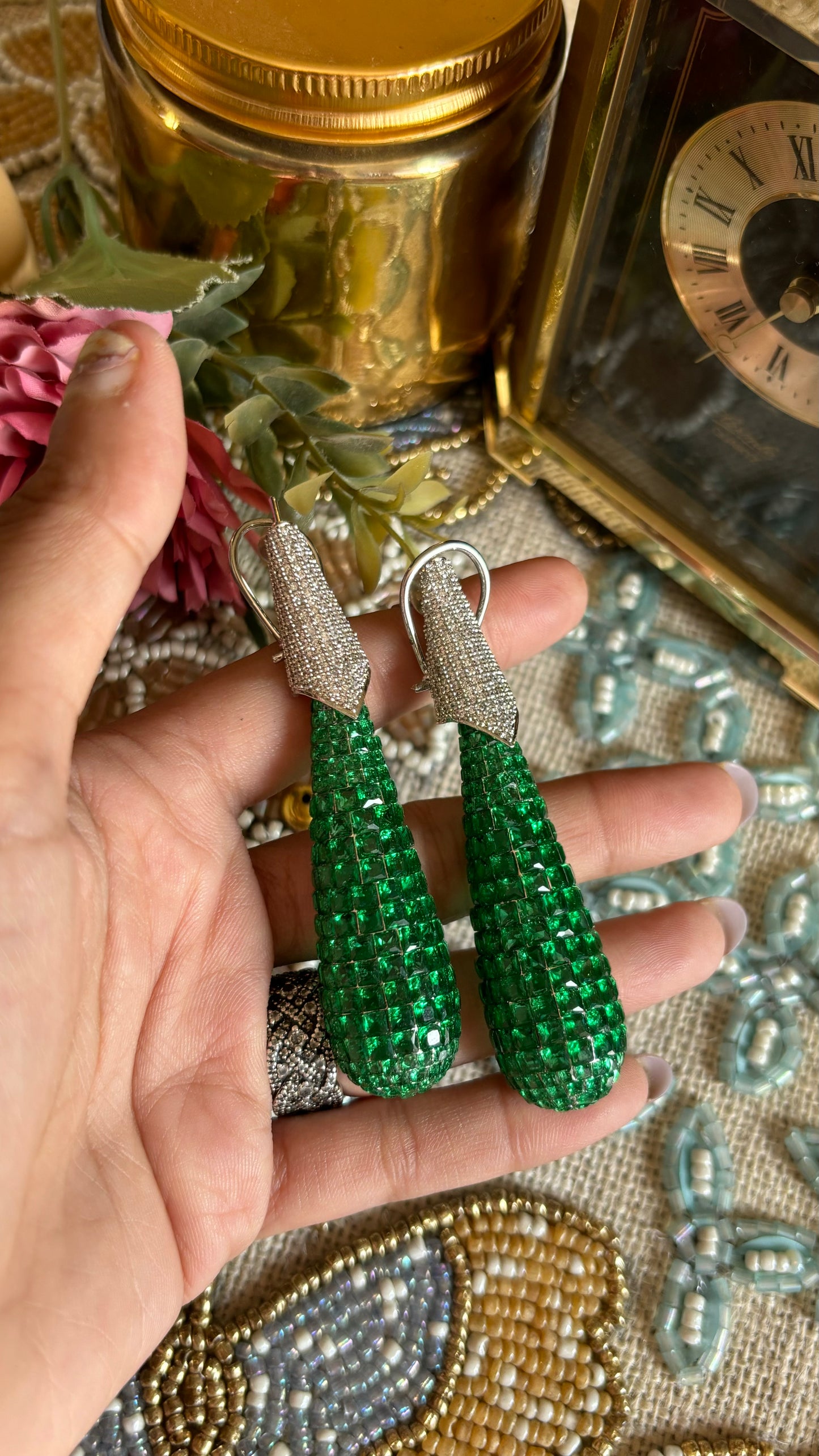 Emerald invisible setting earrings