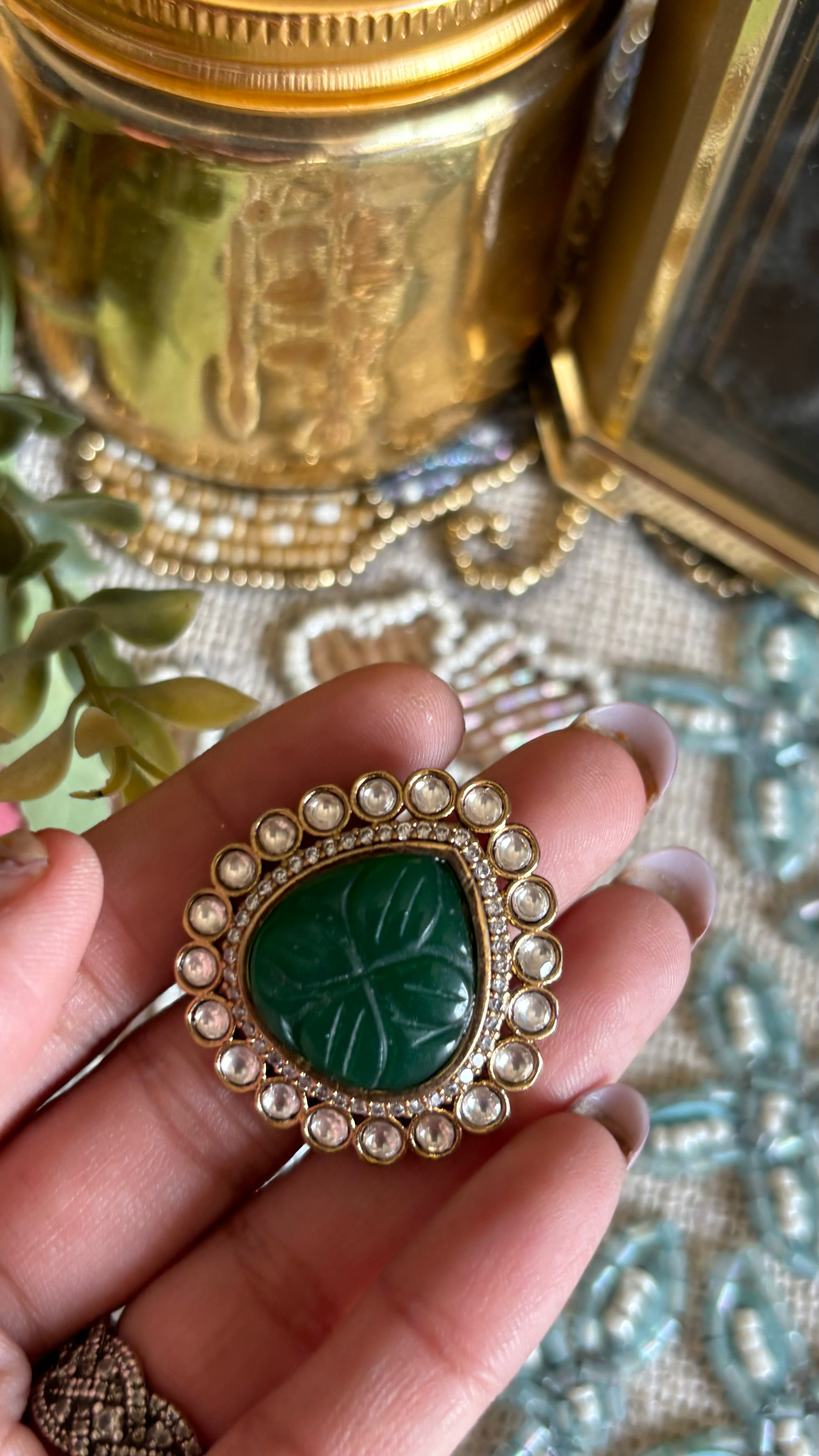 Emerald inlay adjustable victorian ring