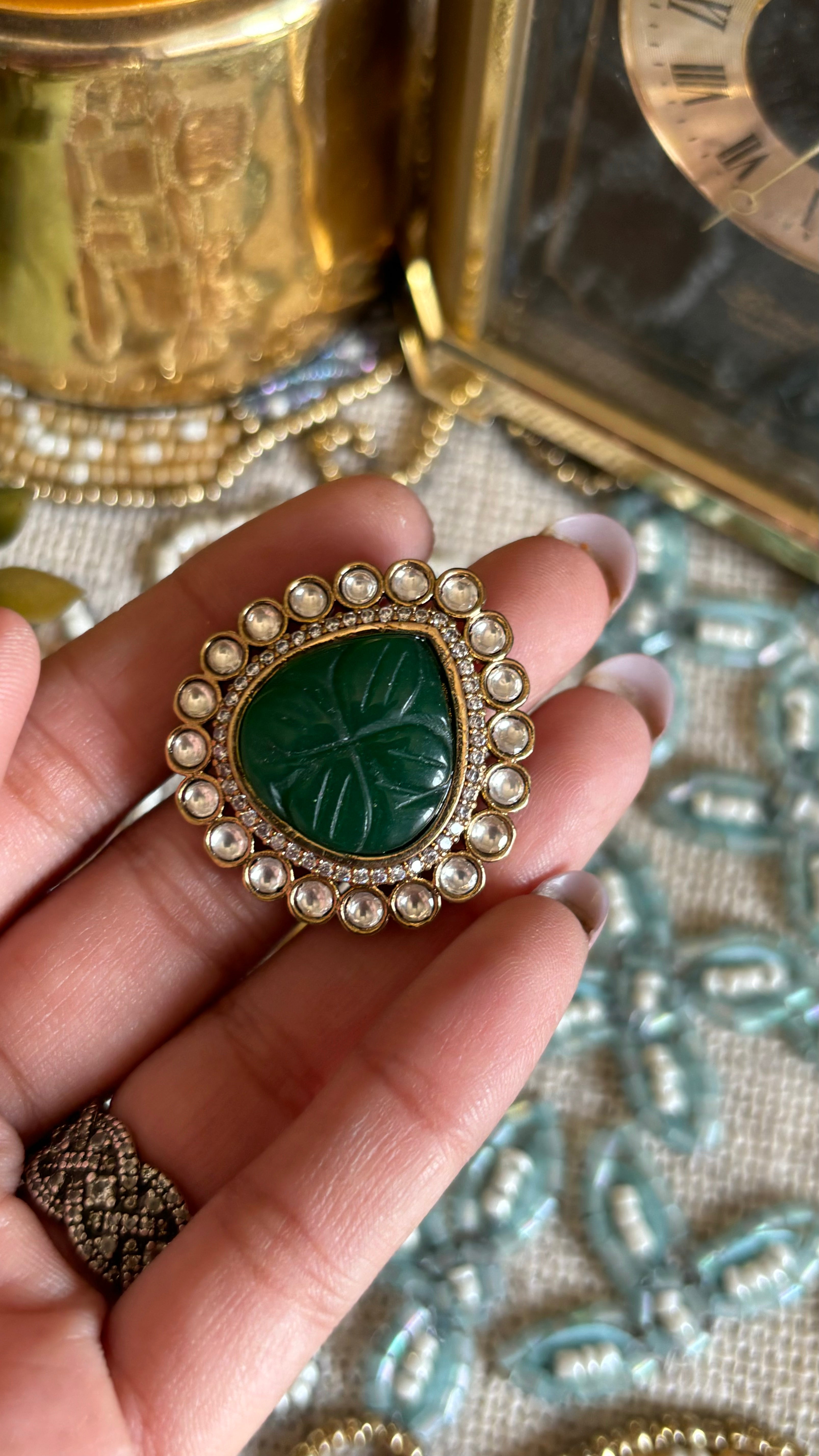 Emerald inlay adjustable victorian ring