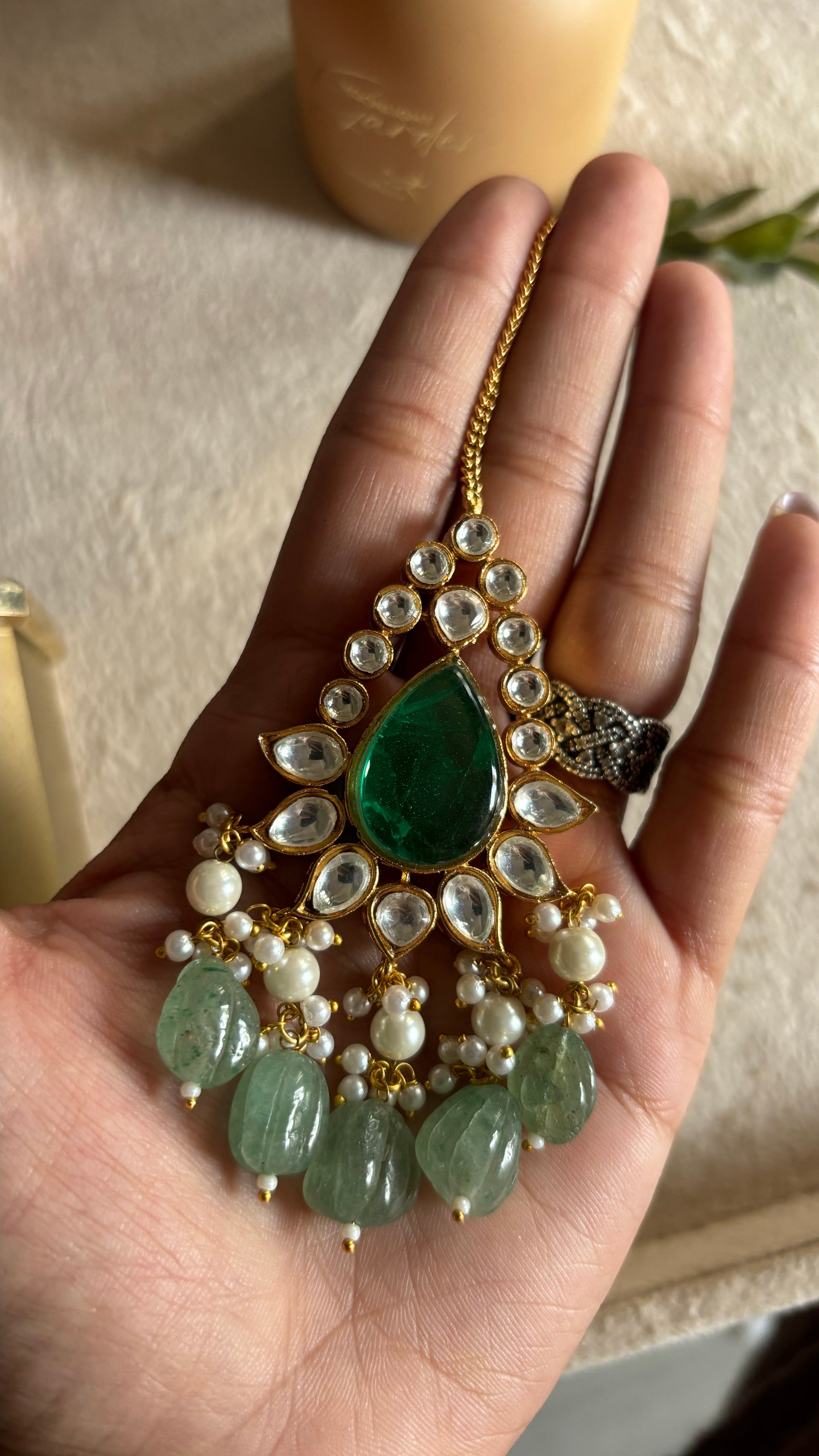 Emerald doublet mint drop maangtika