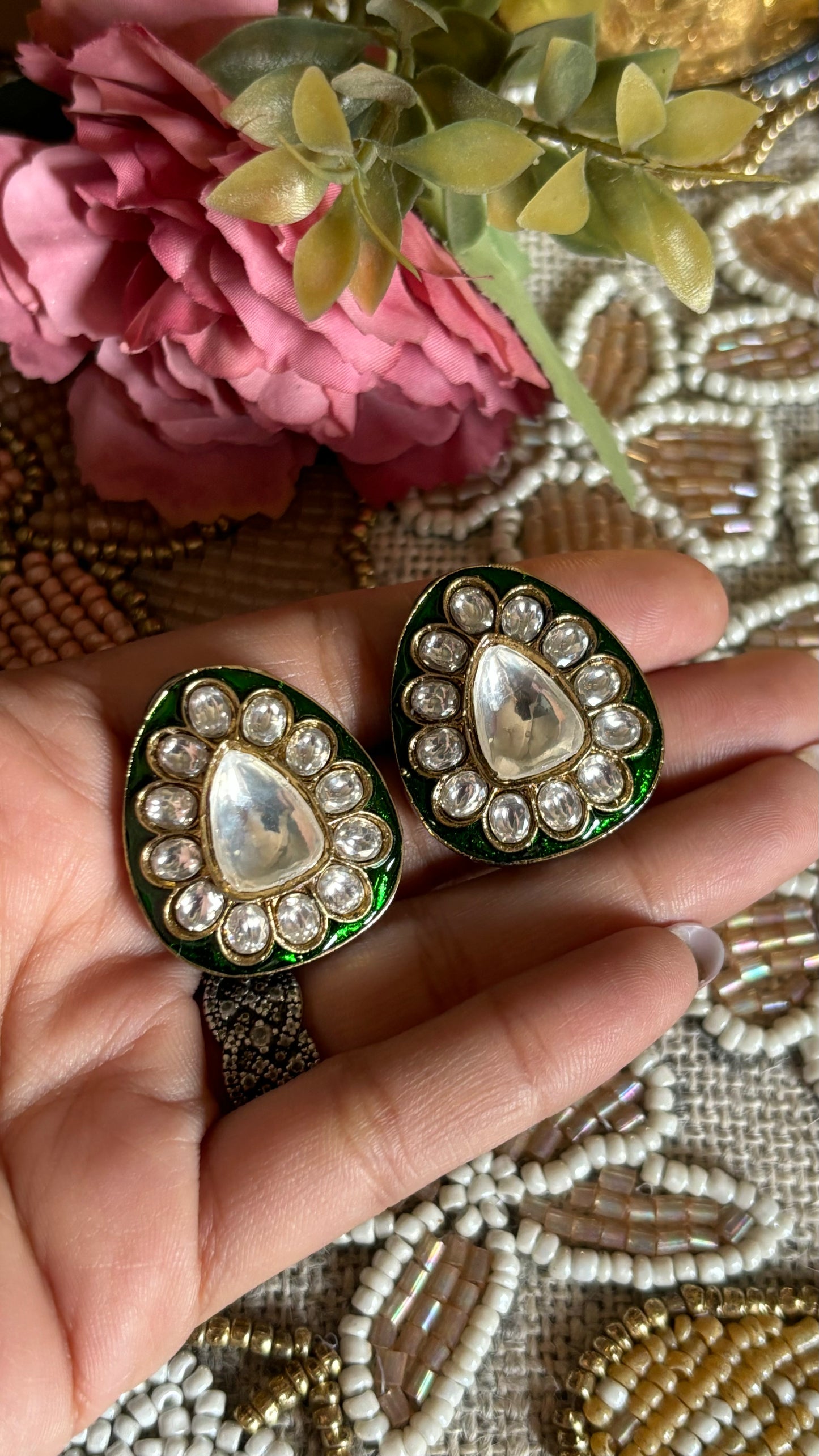 Meenakari Emerald studs