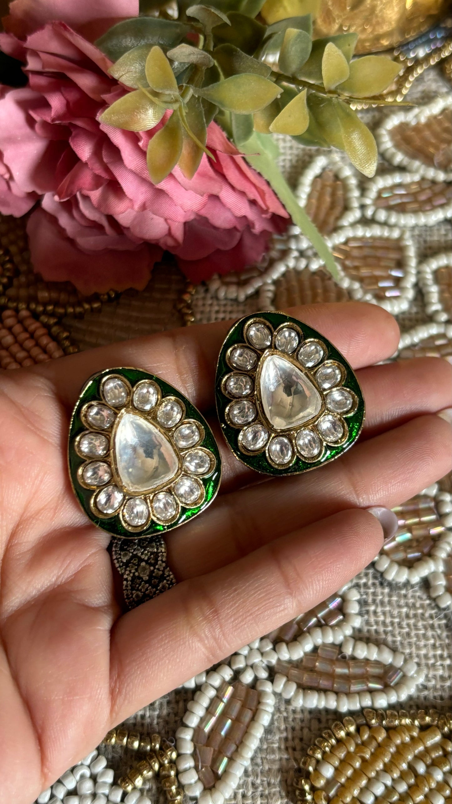 Meenakari Emerald studs
