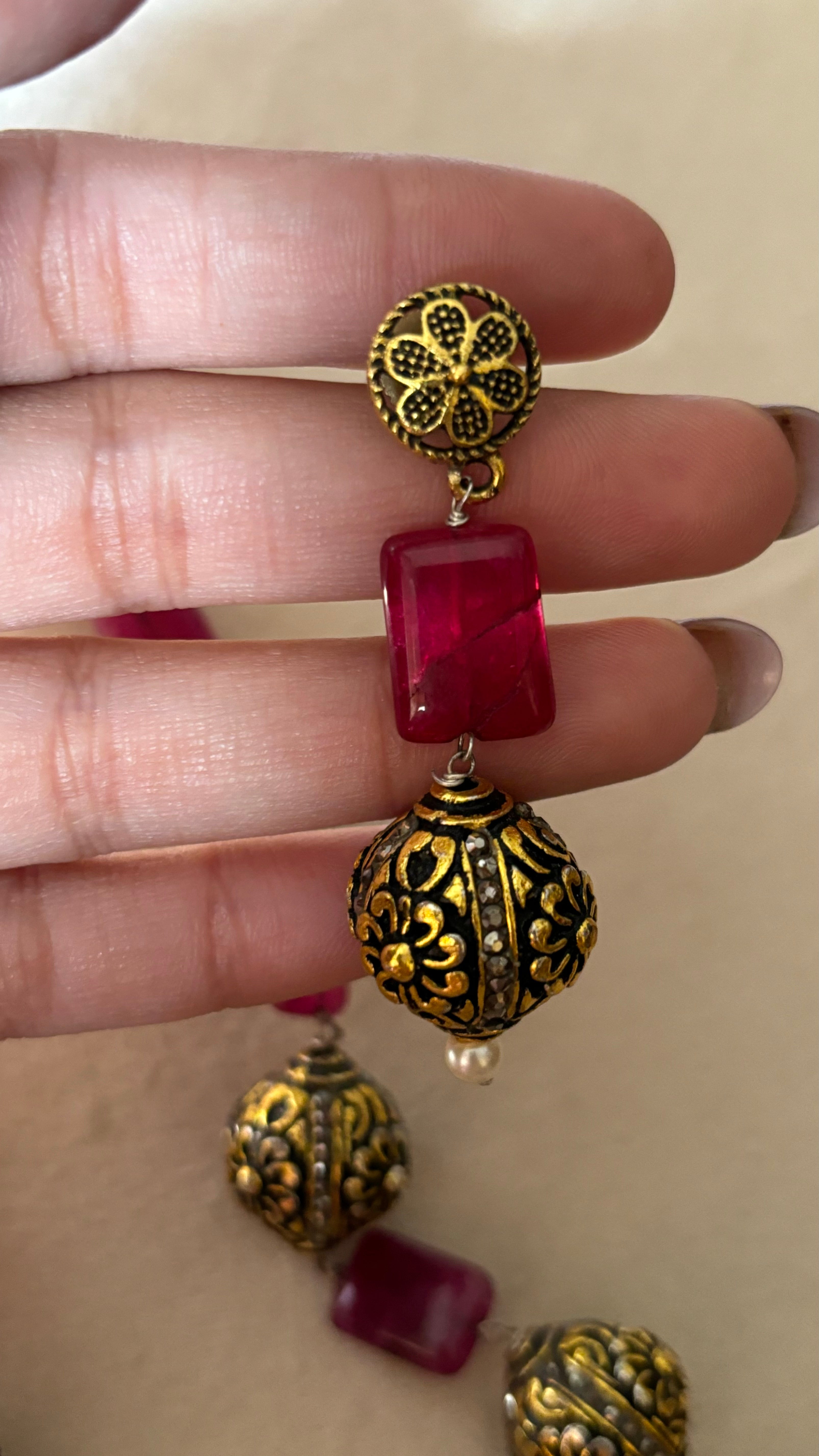 Ruby oxidised gold string with earrings