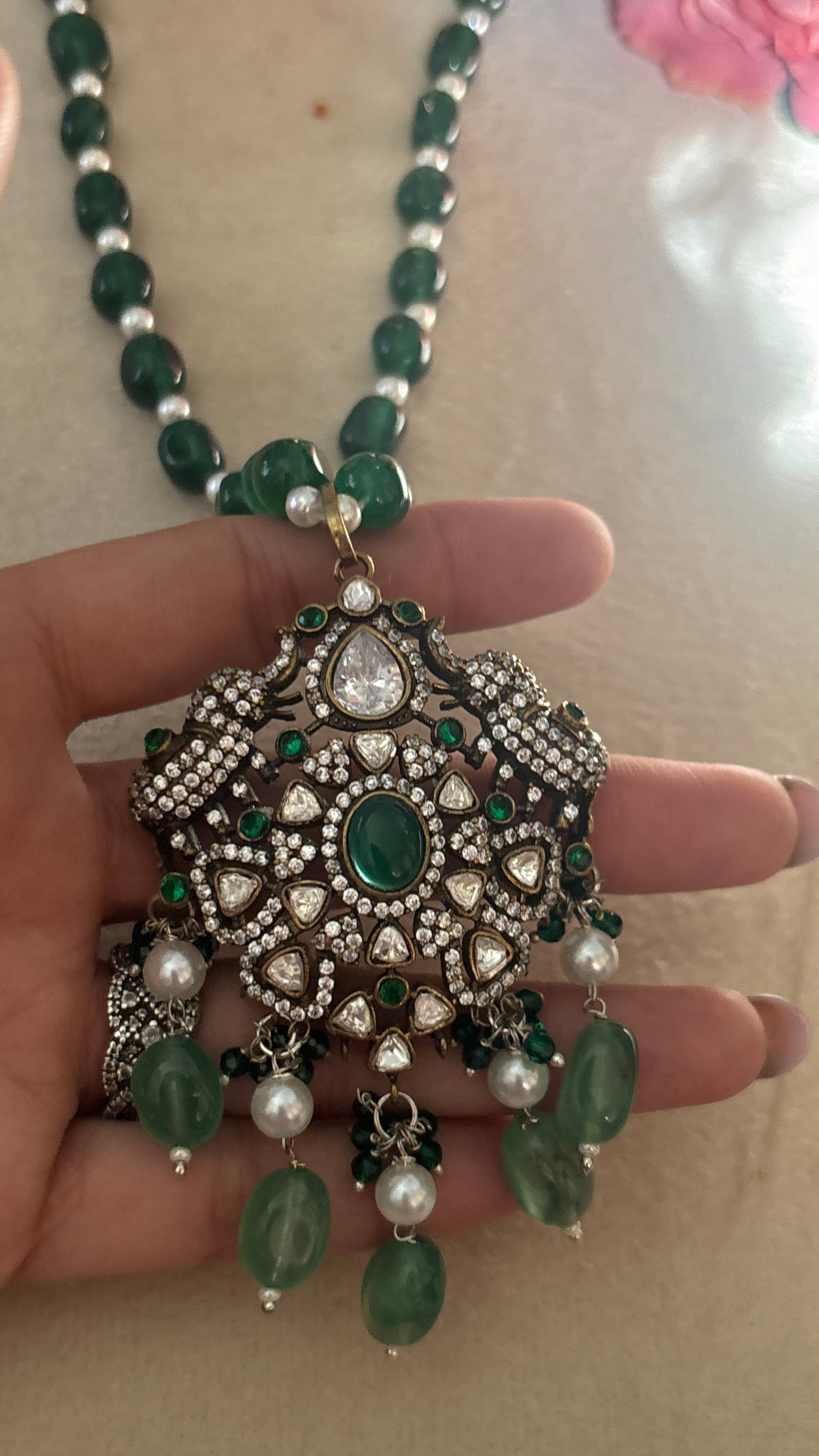 Emerald Moissanite pendant set with string & earrings