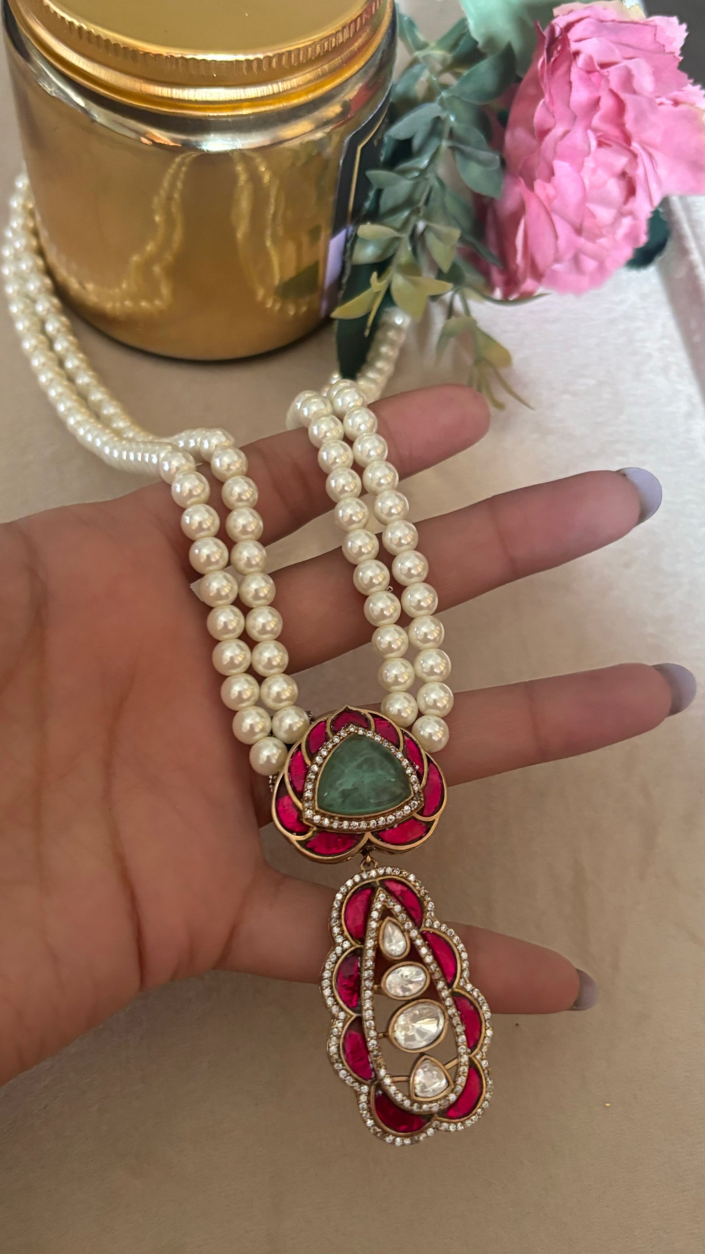 Ruby panna leaf pendant set with earring