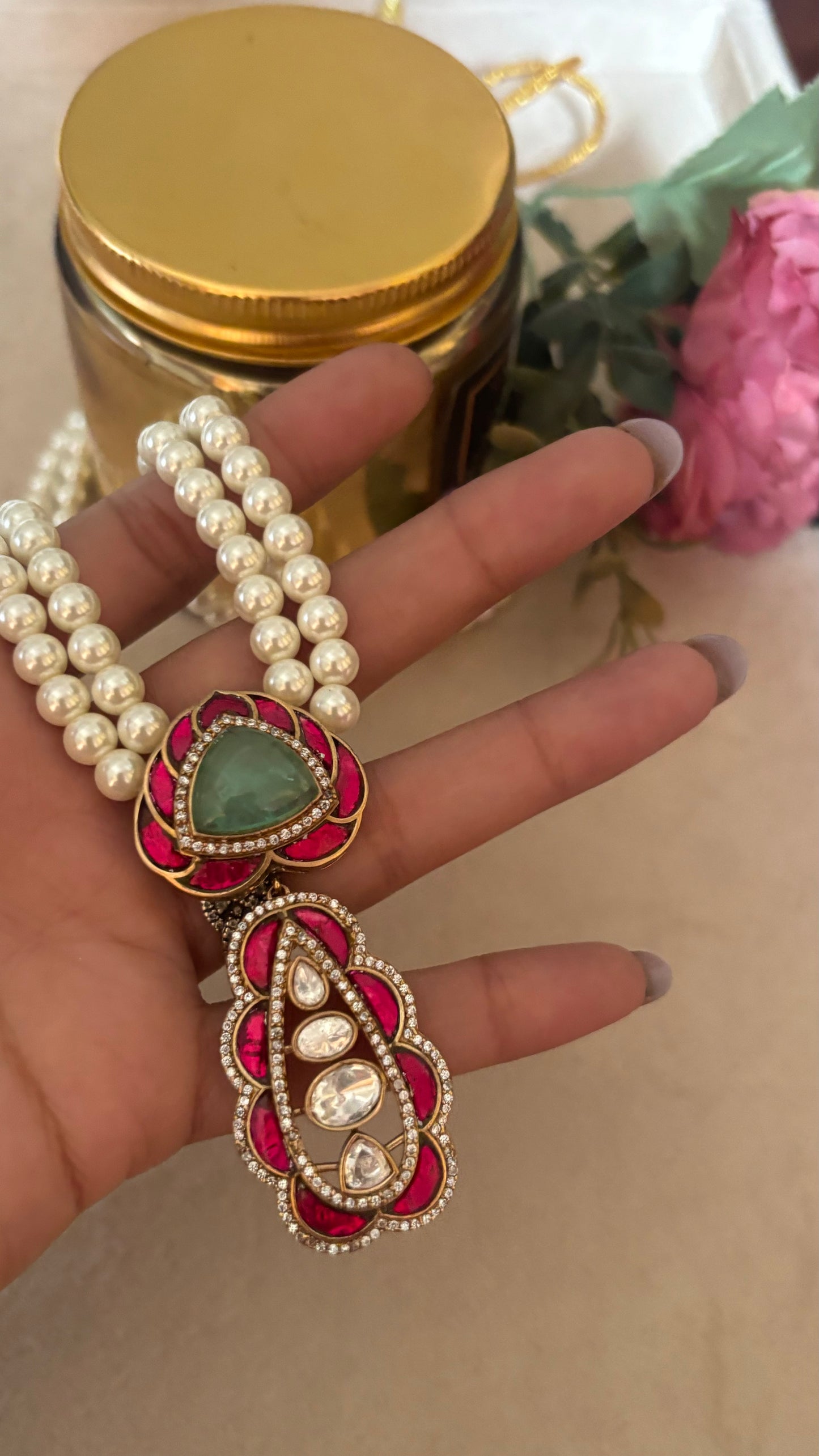 Ruby panna leaf pendant set with earring