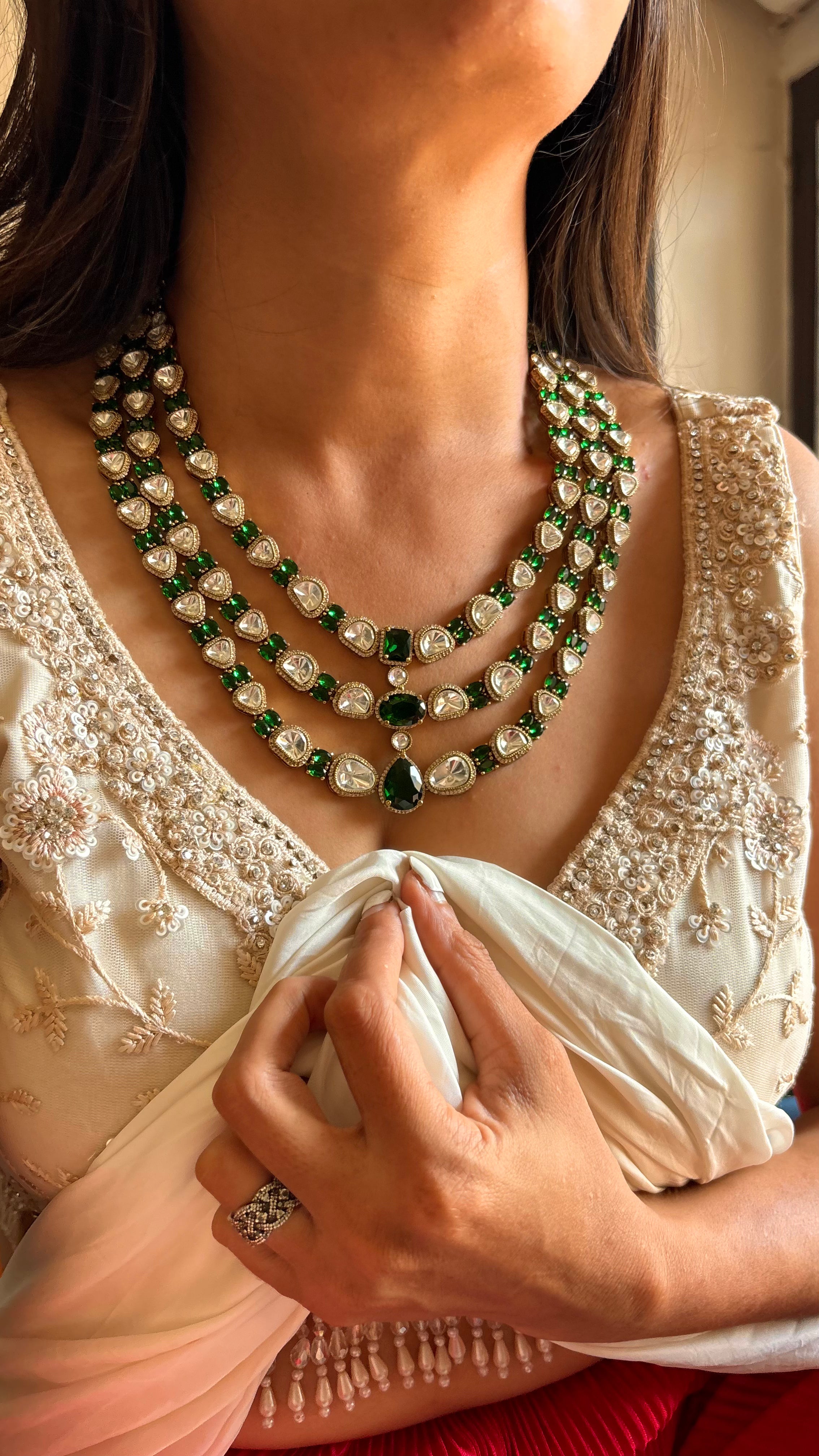 Emerald moissanite triple layer cocktail necklace set