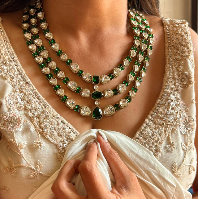 Emerald moissanite triple layer cocktail necklace set