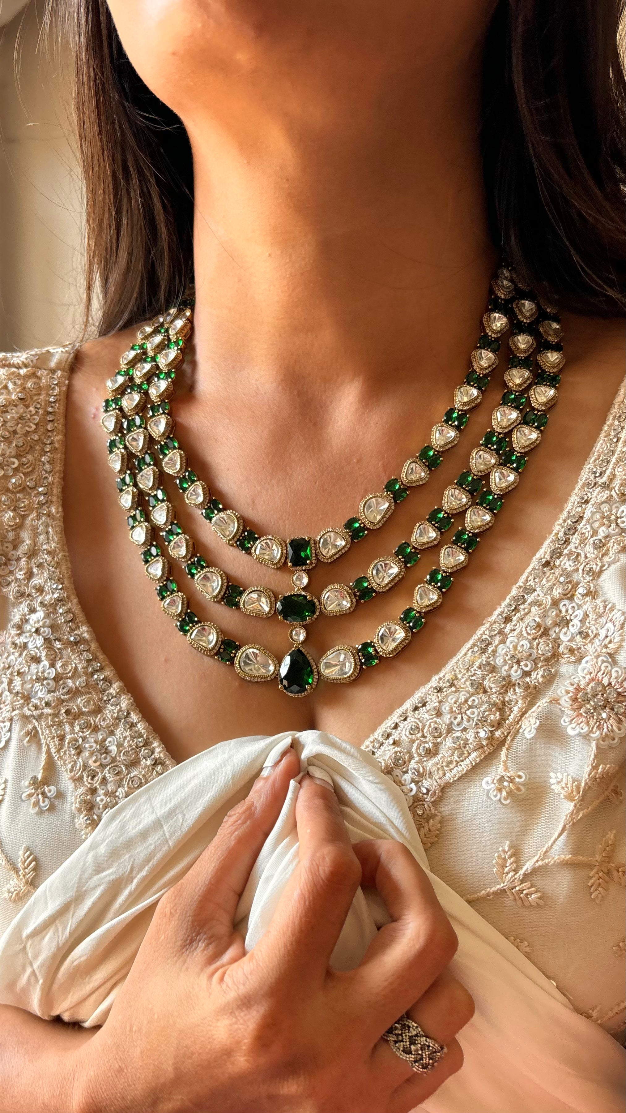 Emerald moissanite triple layer cocktail necklace set