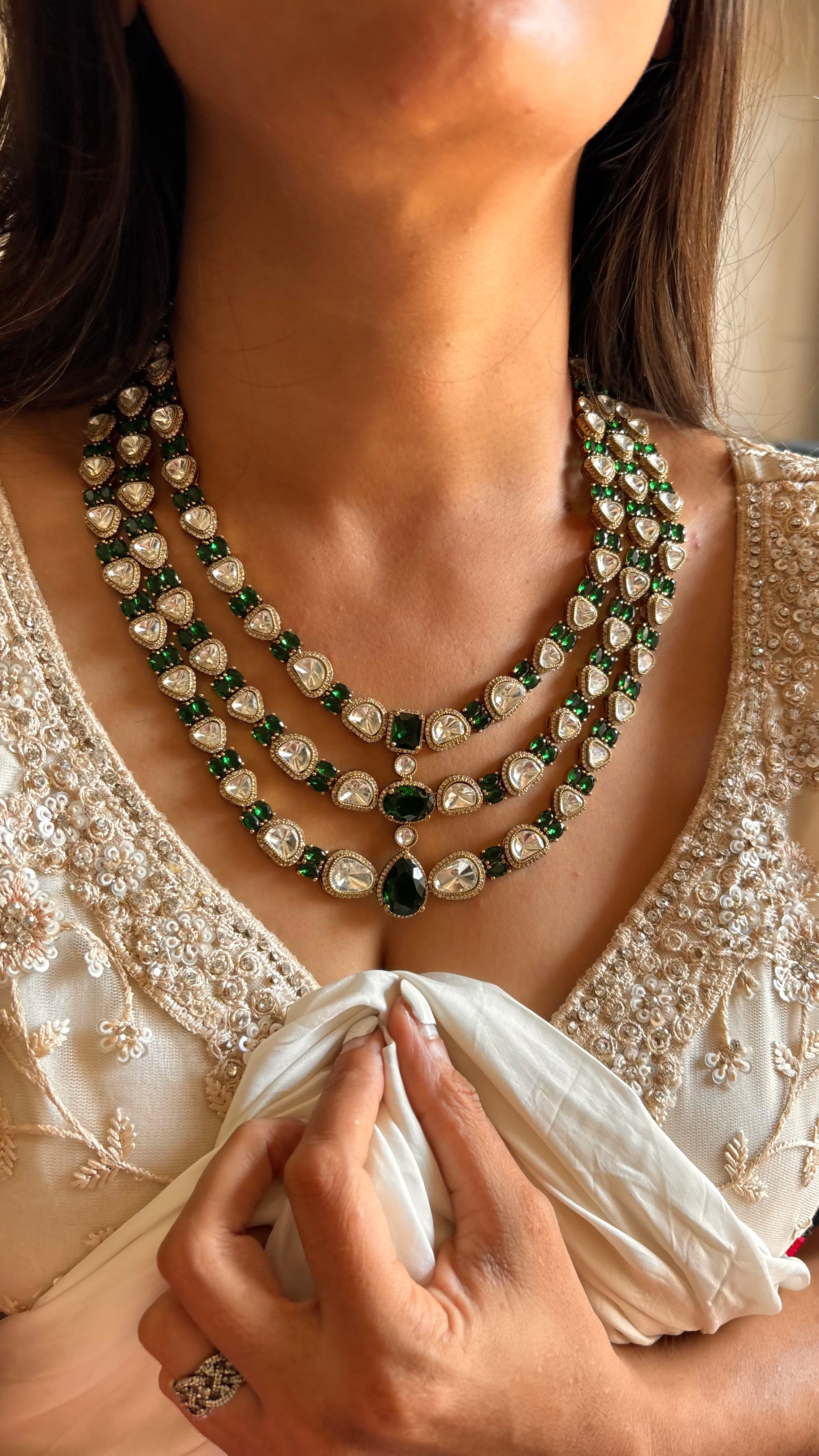 Emerald moissanite triple layer cocktail necklace set