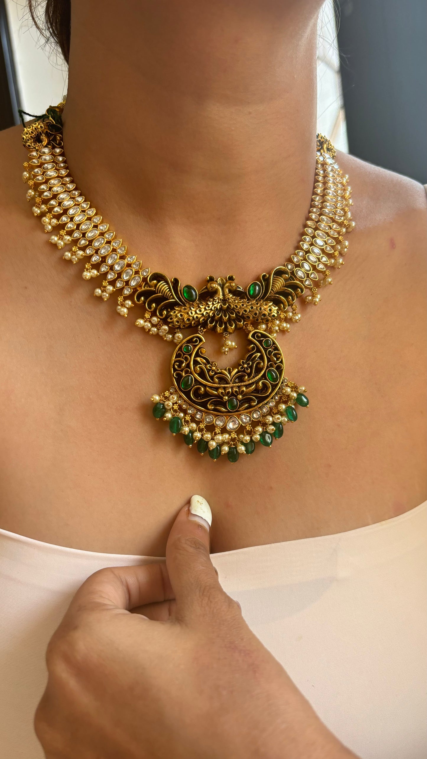 Emerald black meenakari Peacock polki collar necklace set