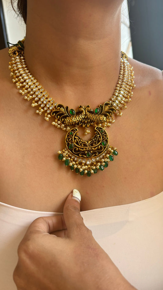 Emerald black meenakari Peacock polki collar necklace set