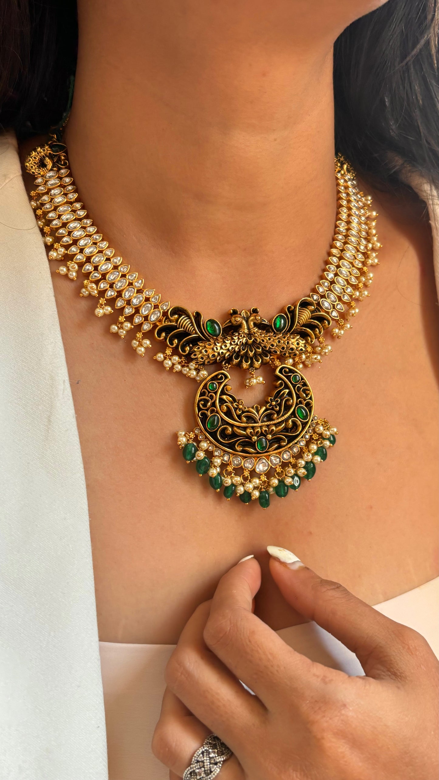 Emerald black meenakari Peacock polki collar necklace set