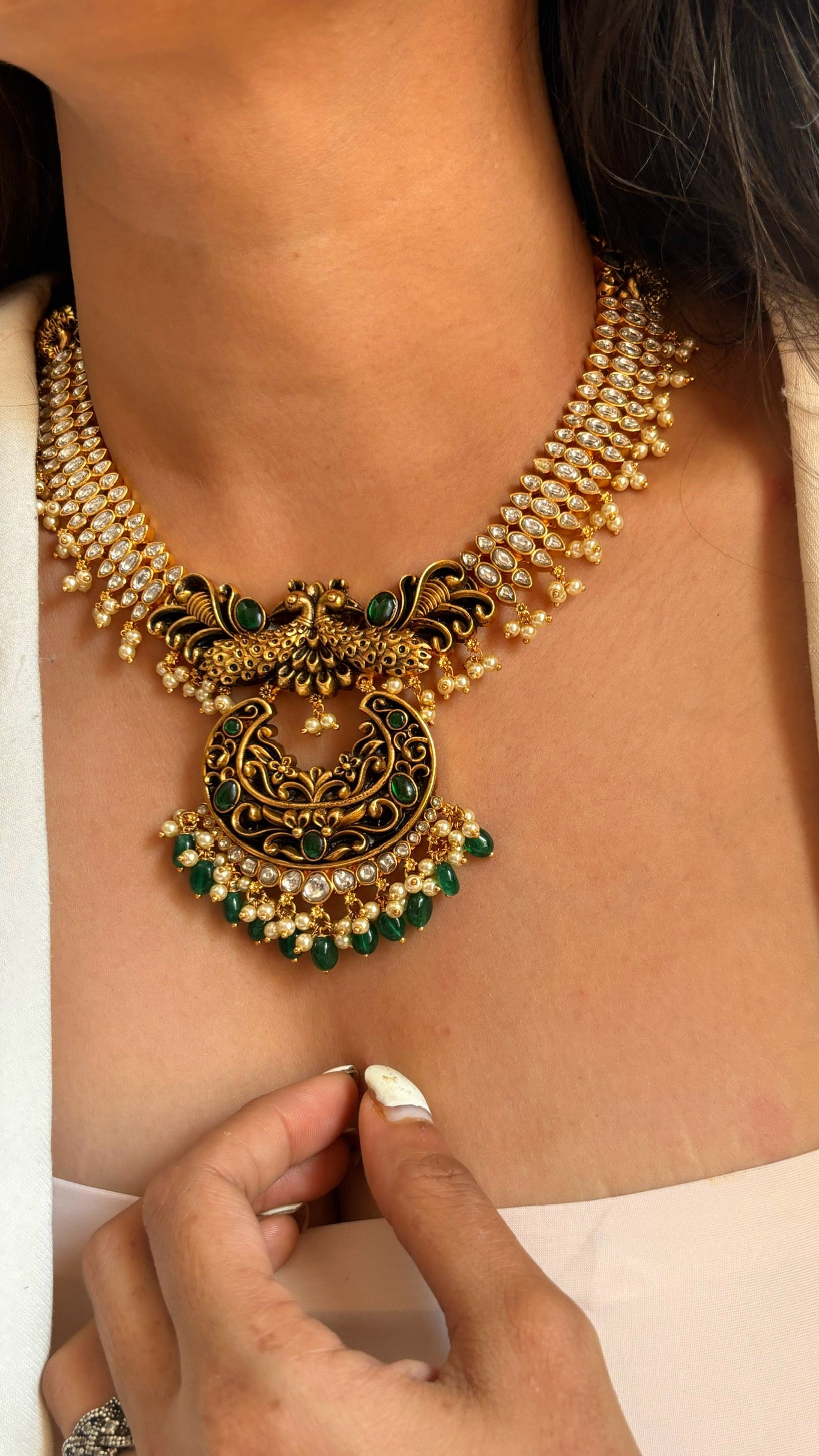 Emerald black meenakari Peacock polki collar necklace set