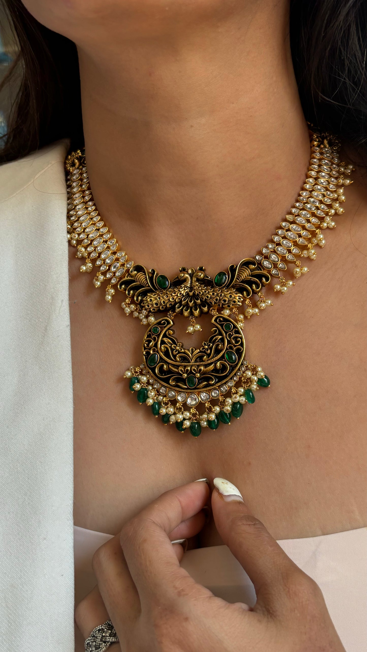Emerald black meenakari Peacock polki collar necklace set