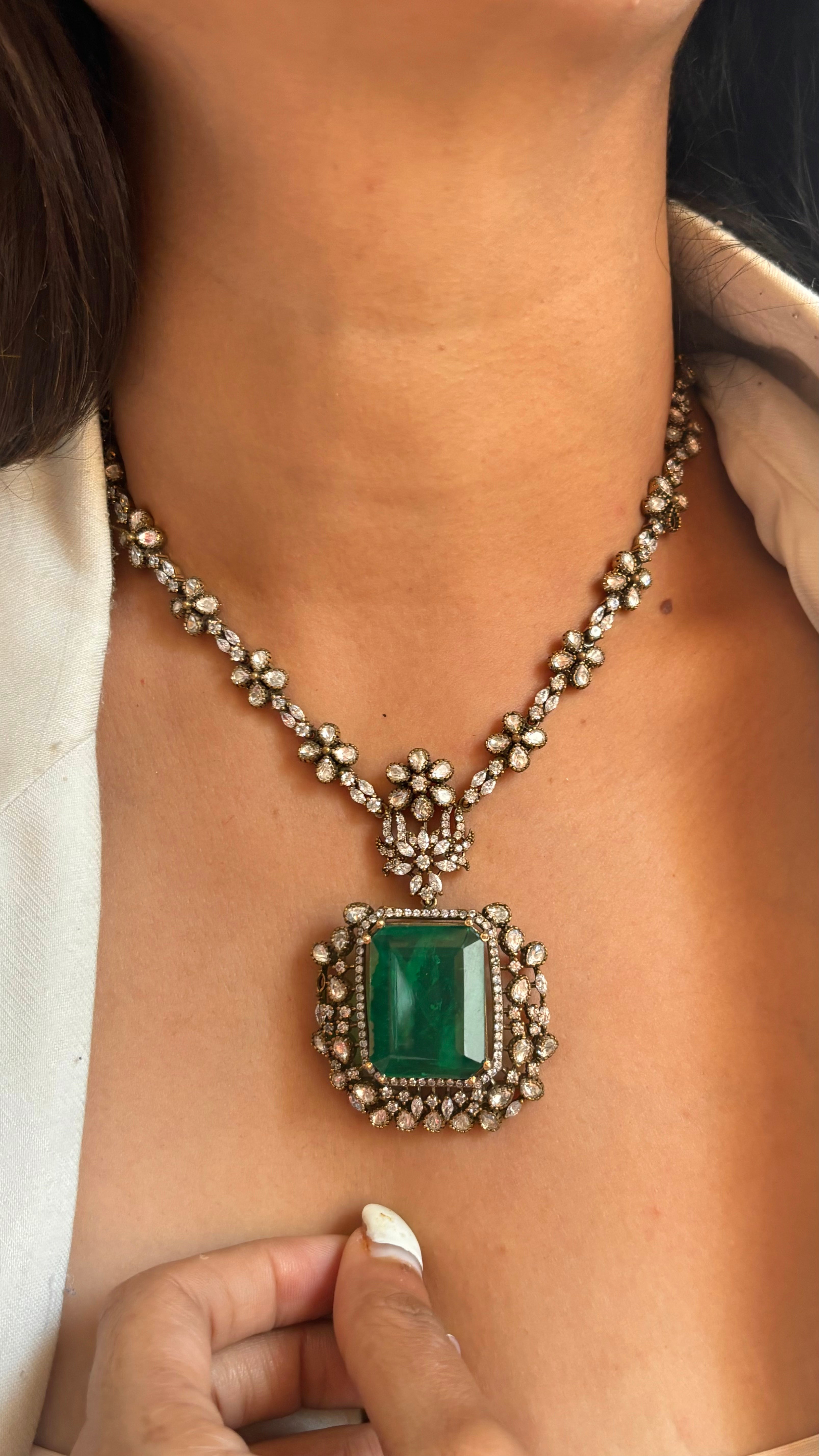 Emerald doublet moissanite victorian collar necklace set