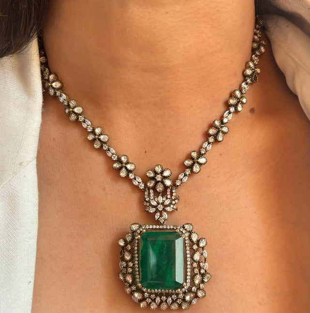 Emerald doublet moissanite victorian collar necklace set