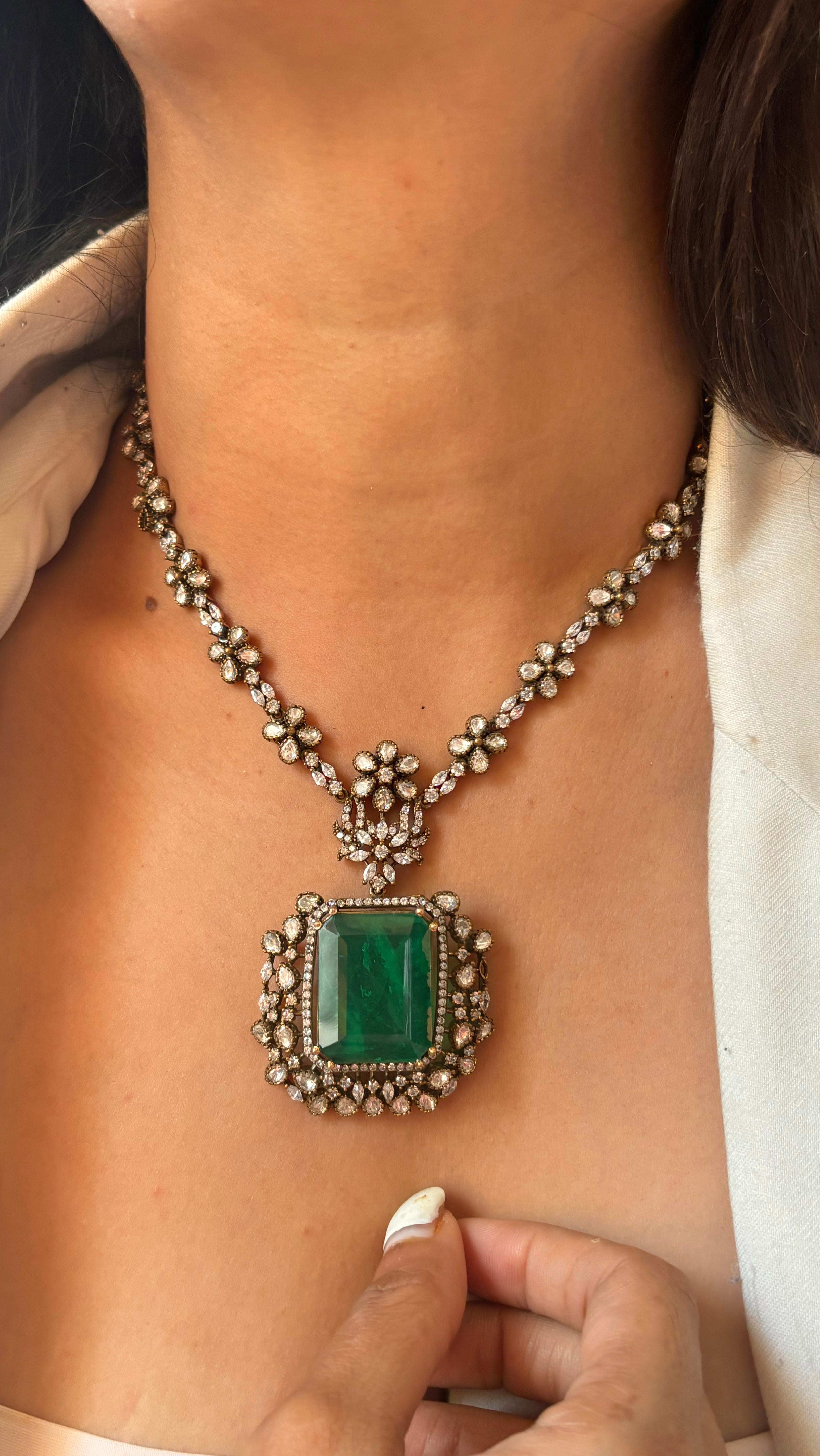 Emerald doublet moissanite victorian collar necklace set