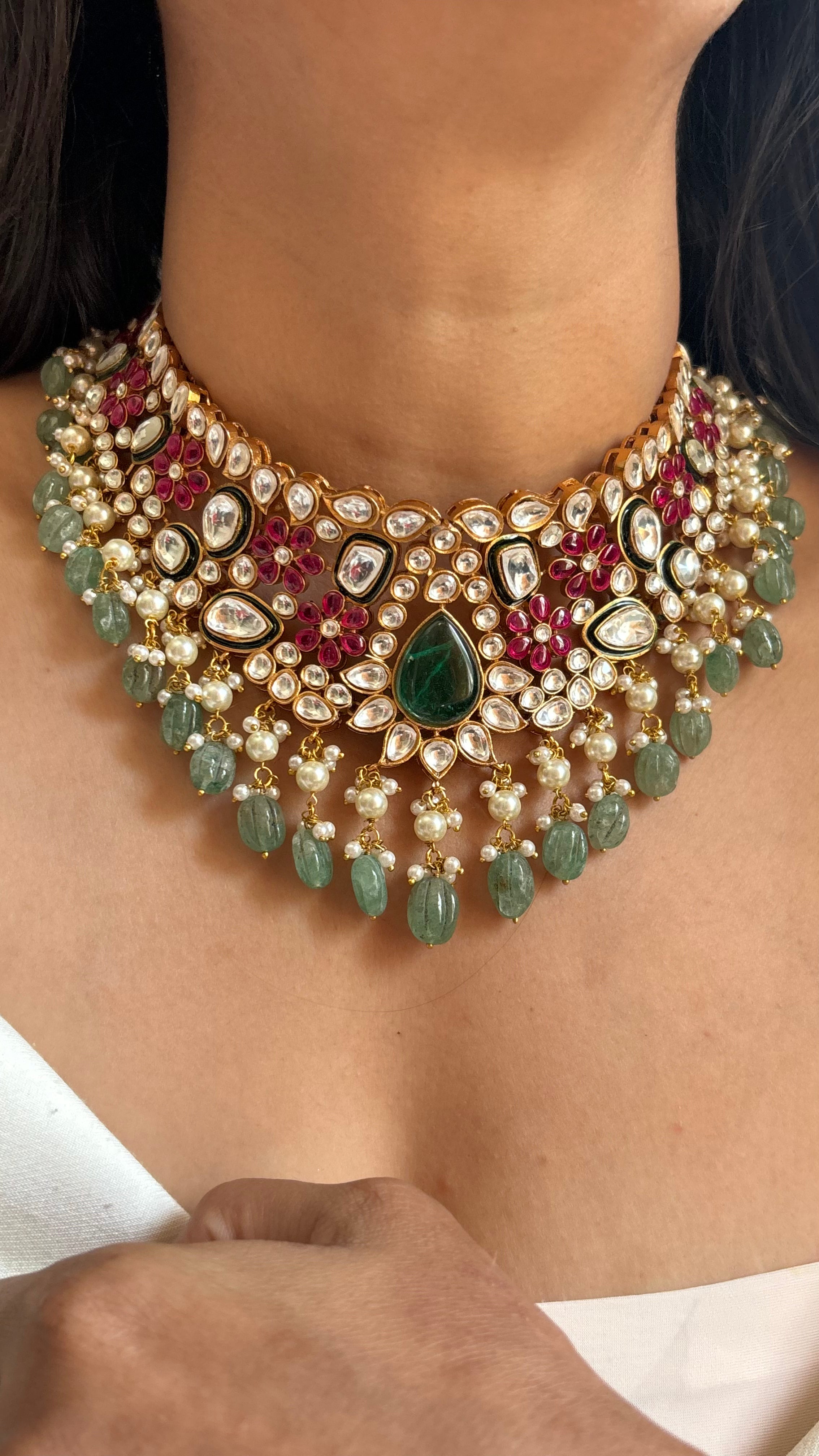 Mint panna & ruby polki choker necklace set