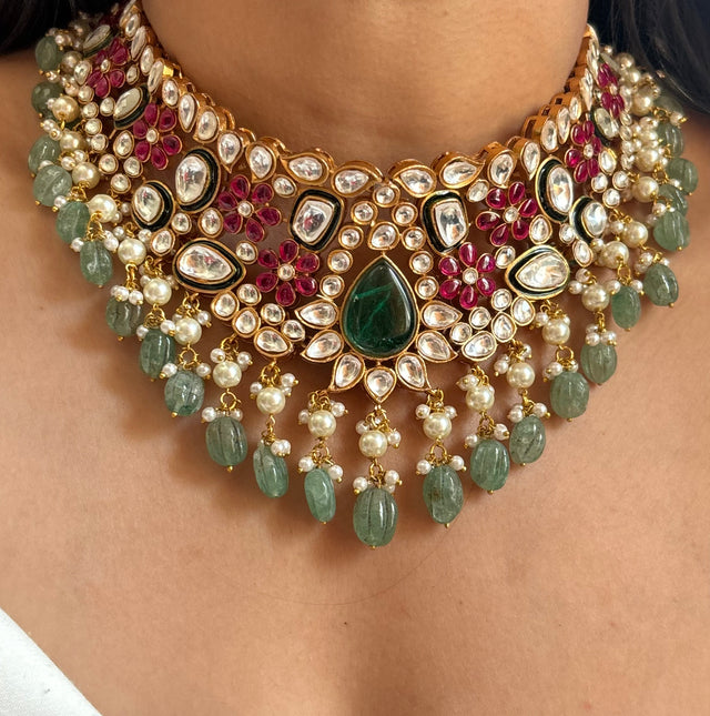 Mint panna & ruby polki choker necklace set