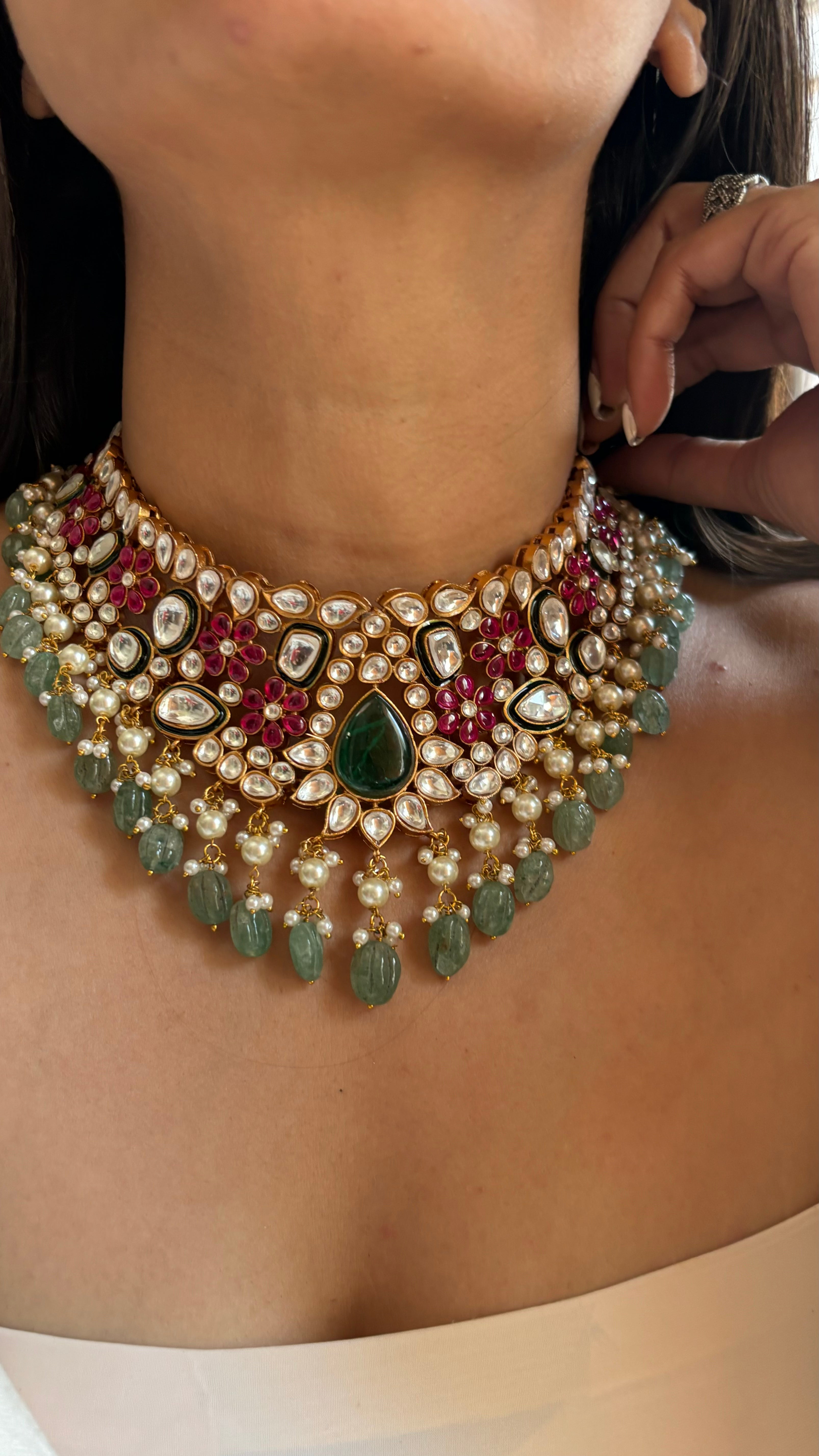 Mint panna & ruby polki choker necklace set