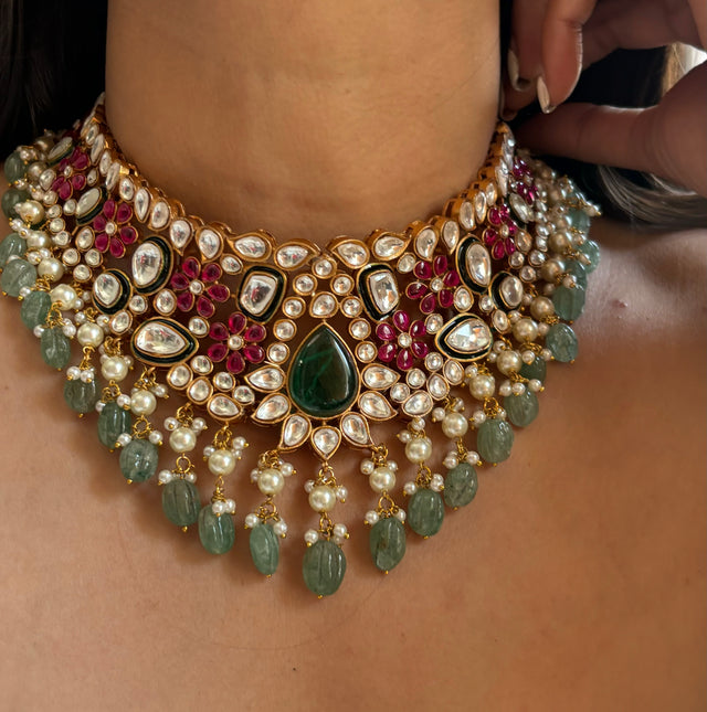 Mint panna & ruby polki choker necklace set