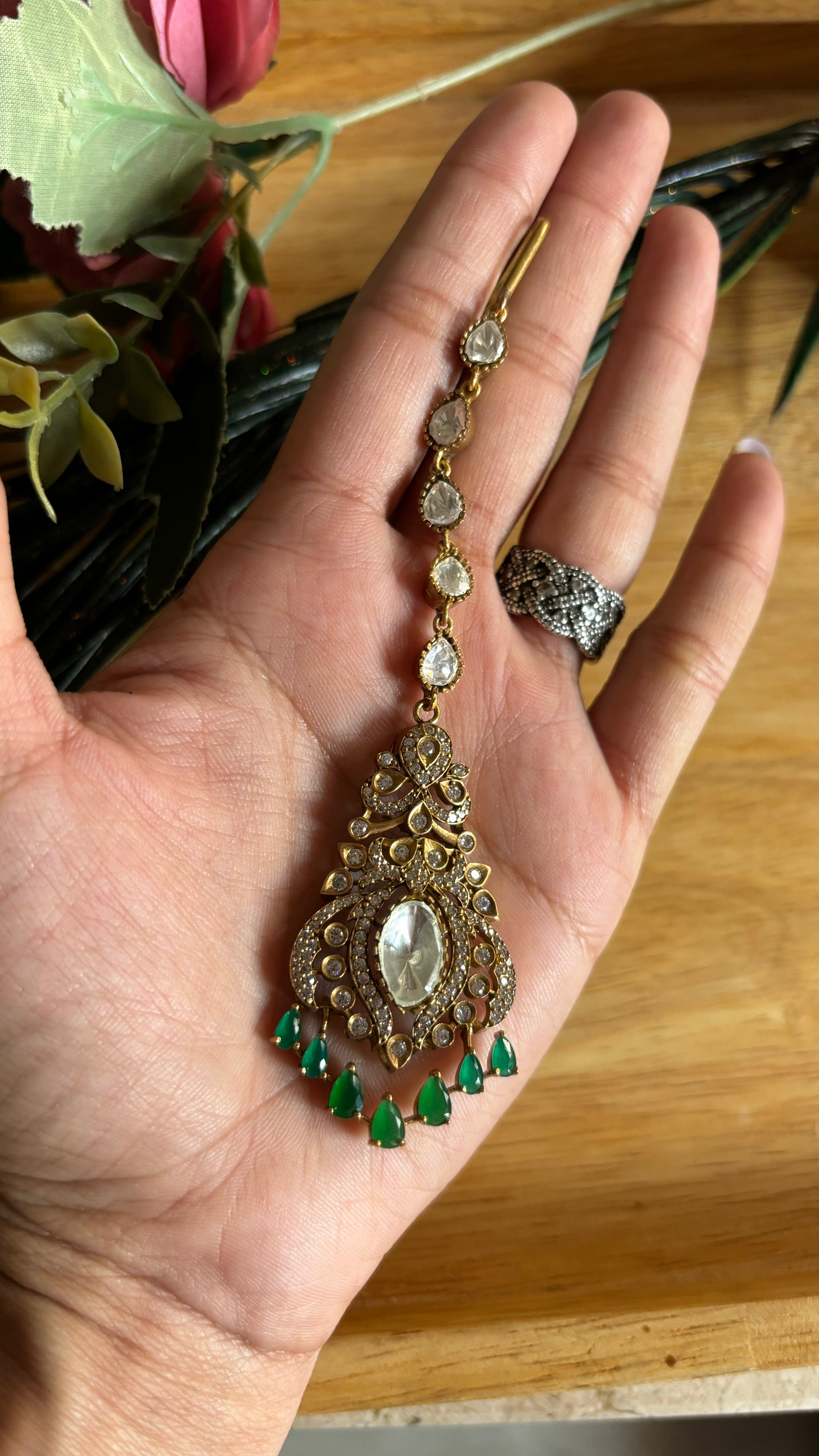 Emerald diamond victorian maangtika