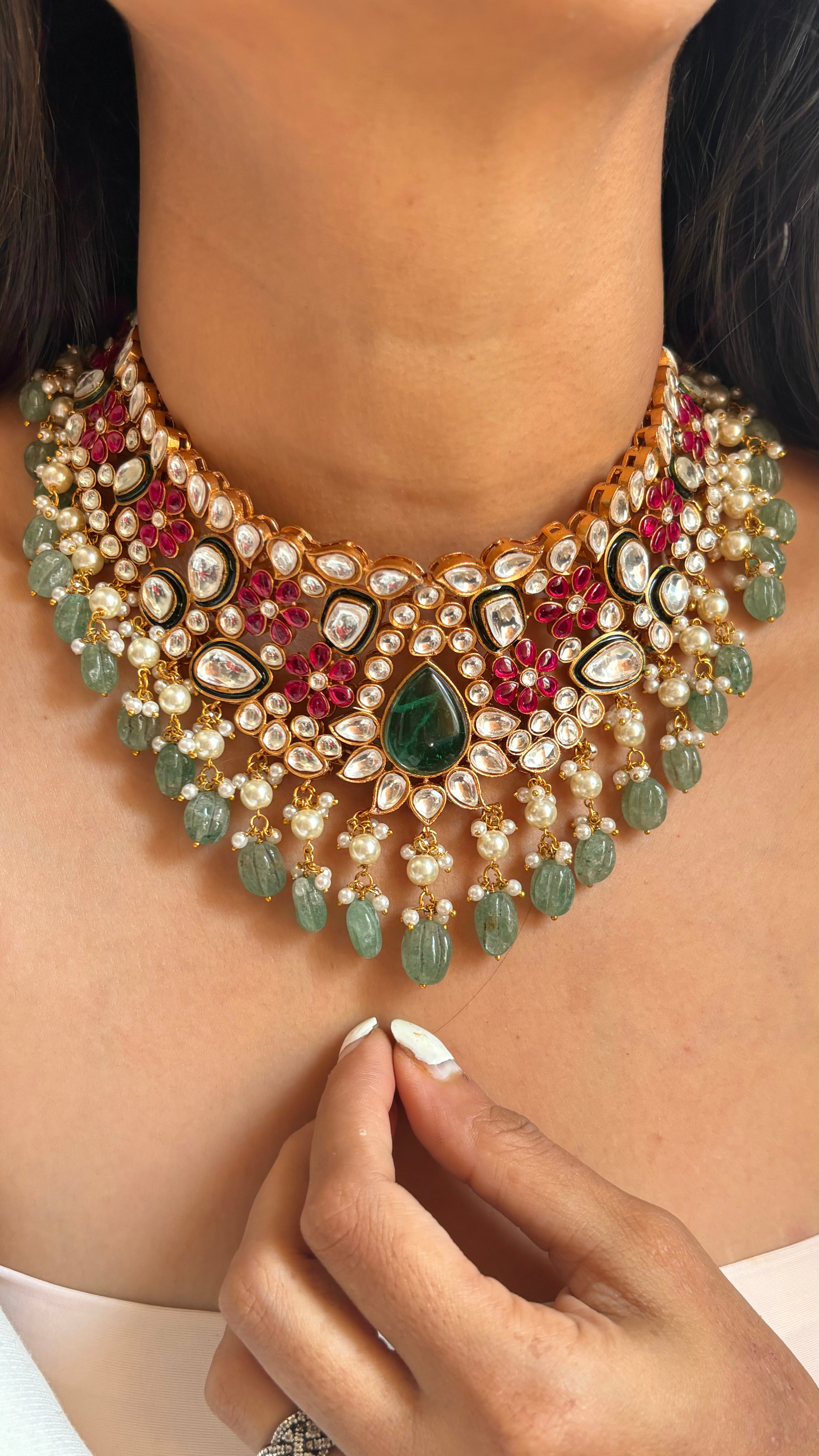 Mint panna & ruby polki choker necklace set