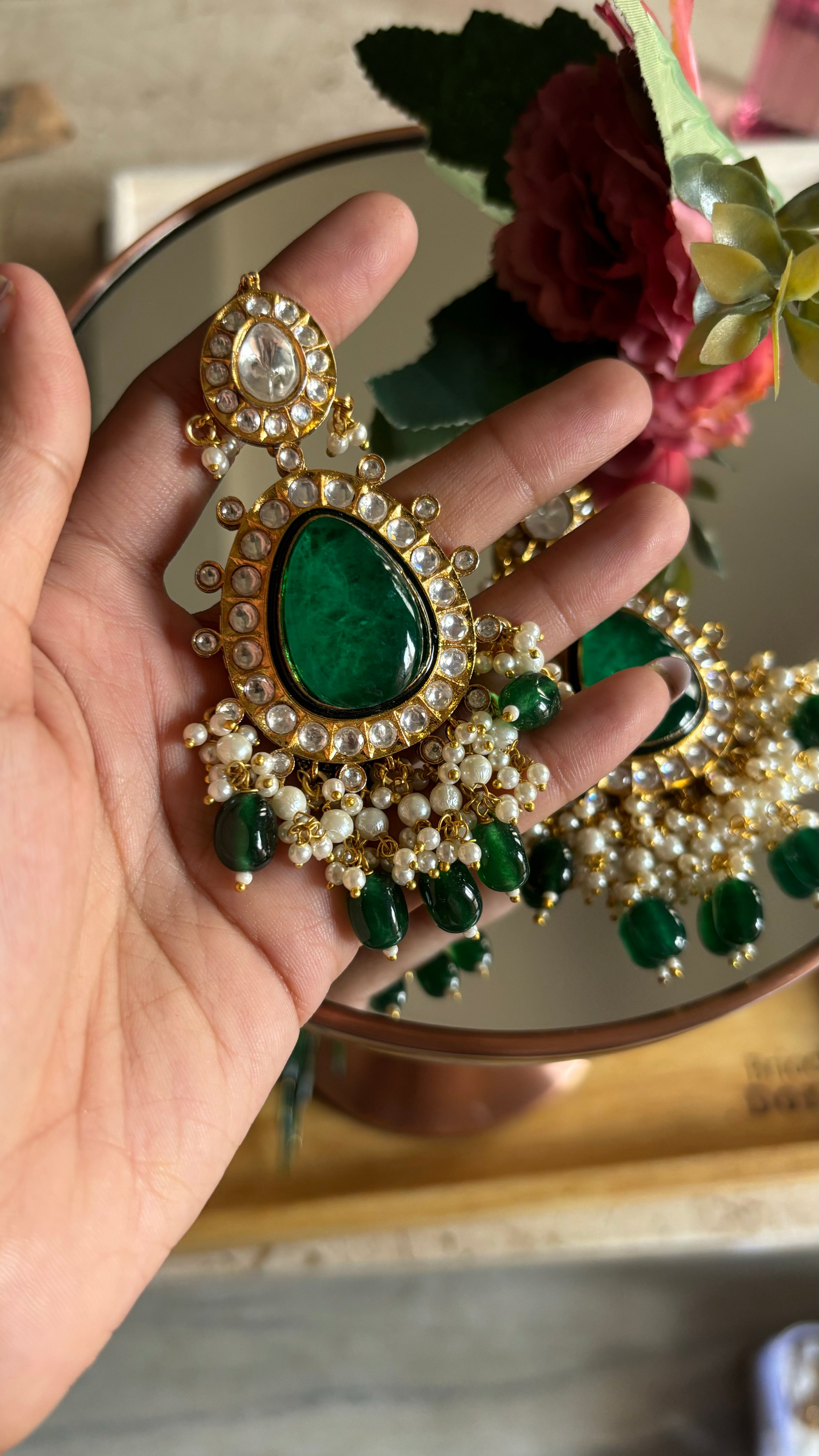 Emerald earrings and maangtika set