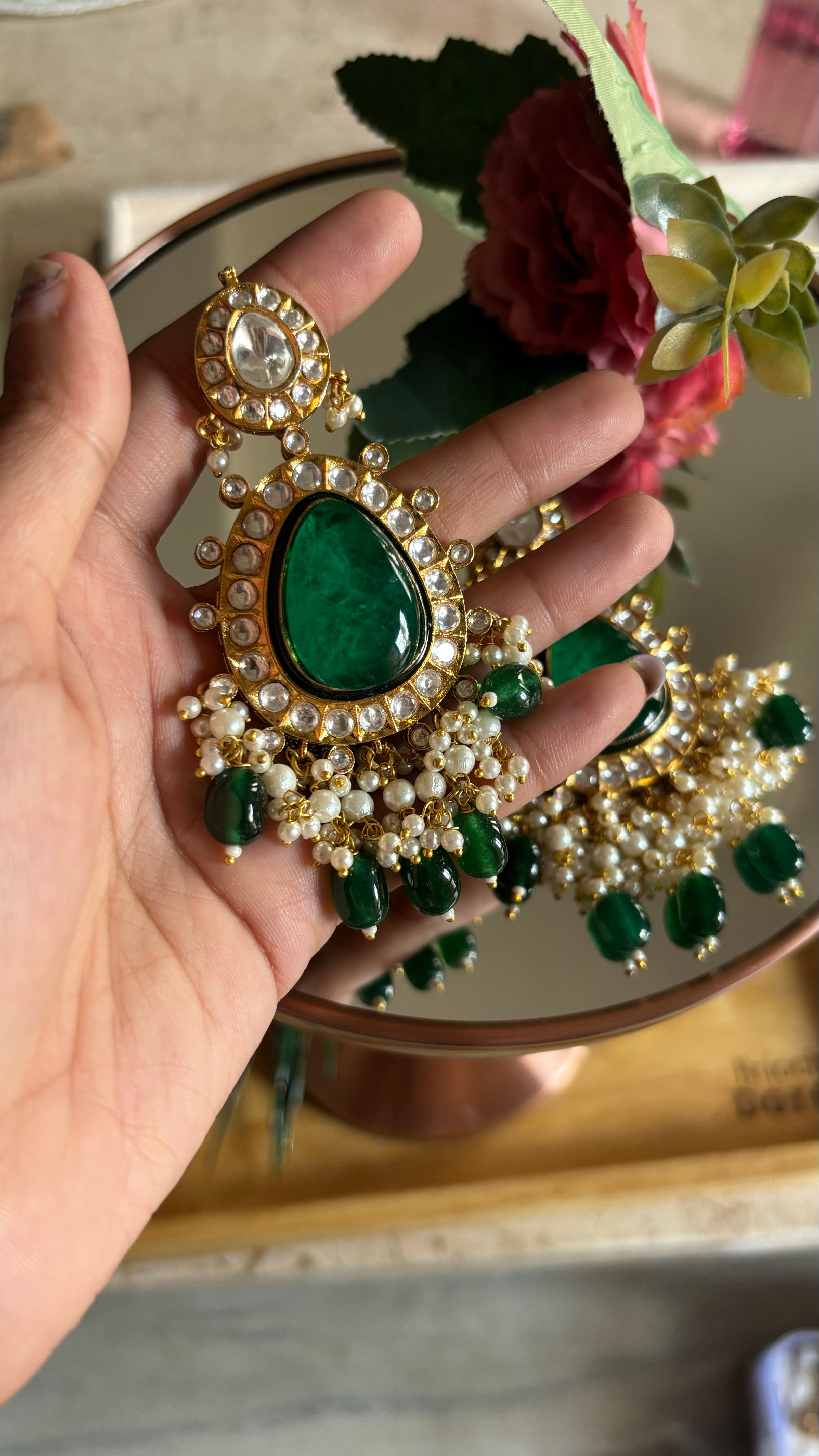 Emerald earrings and maangtika set